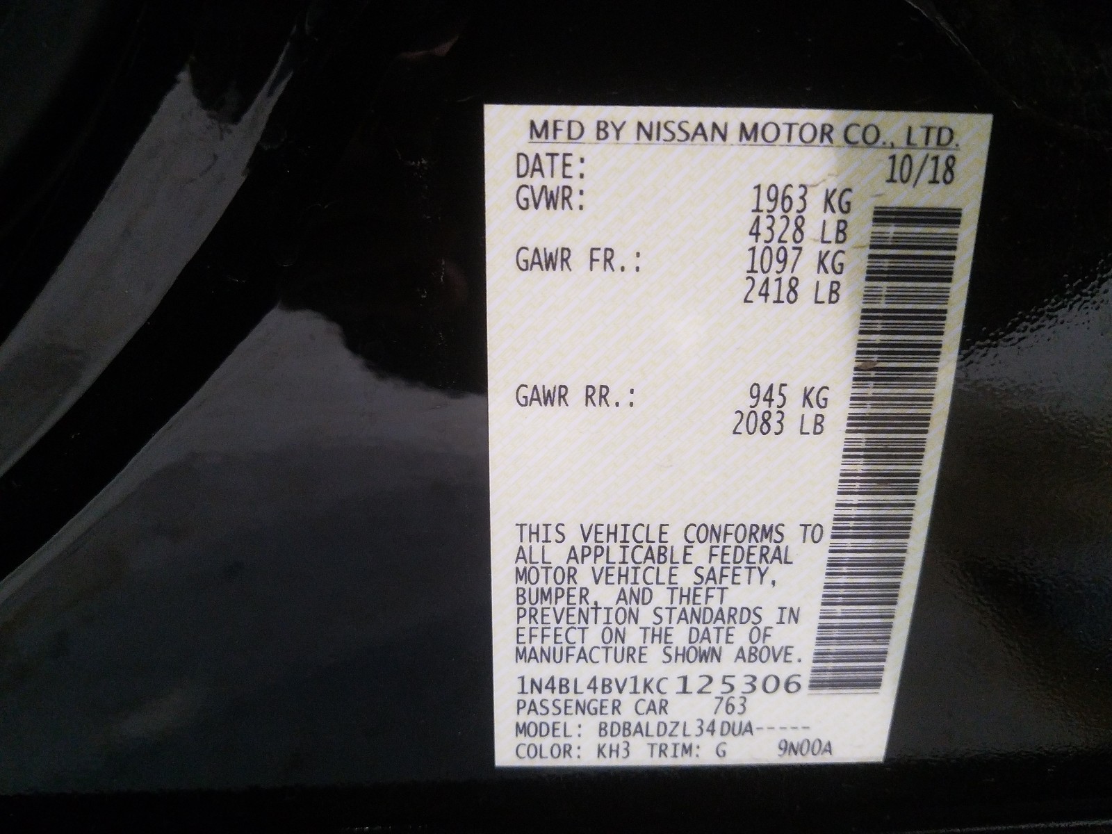 Photo 9 VIN: 1N4BL4BV1KC125306 - NISSAN ALTIMA S 