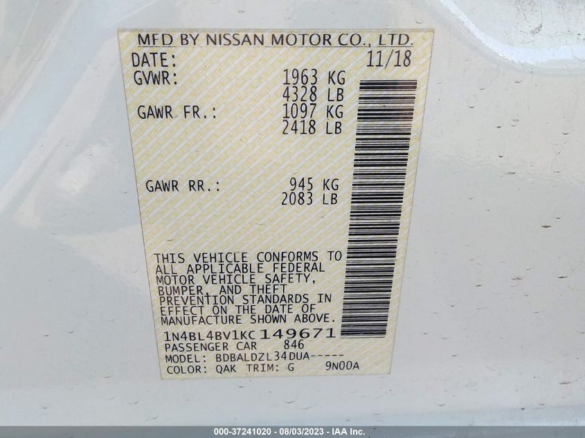 Photo 8 VIN: 1N4BL4BV1KC149671 - NISSAN ALTIMA 