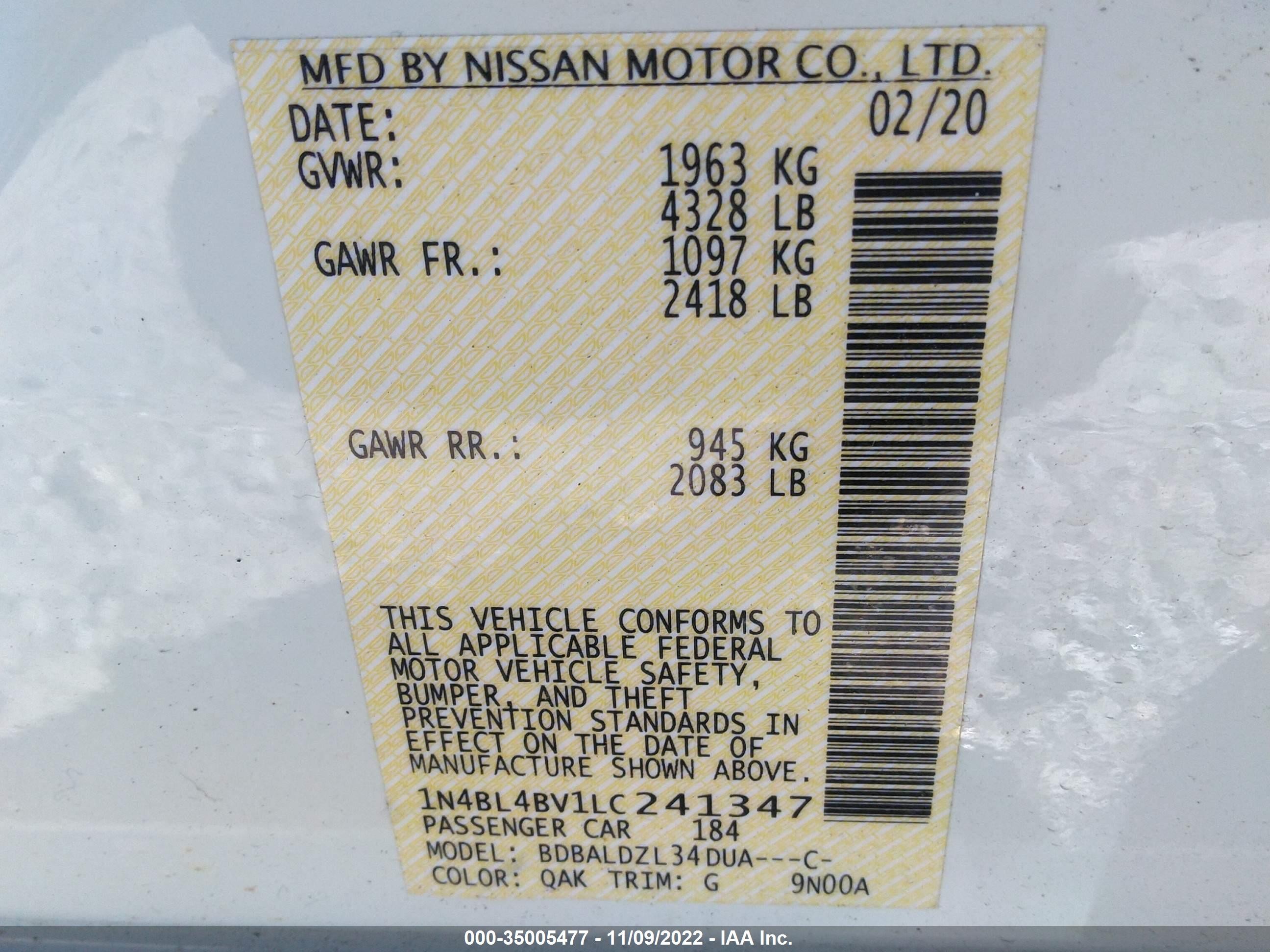 Photo 8 VIN: 1N4BL4BV1LC241347 - NISSAN ALTIMA 