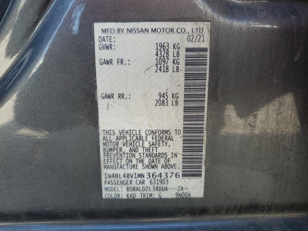 Photo 11 VIN: 1N4BL4BV1MN364376 - NISSAN ALTIMA 