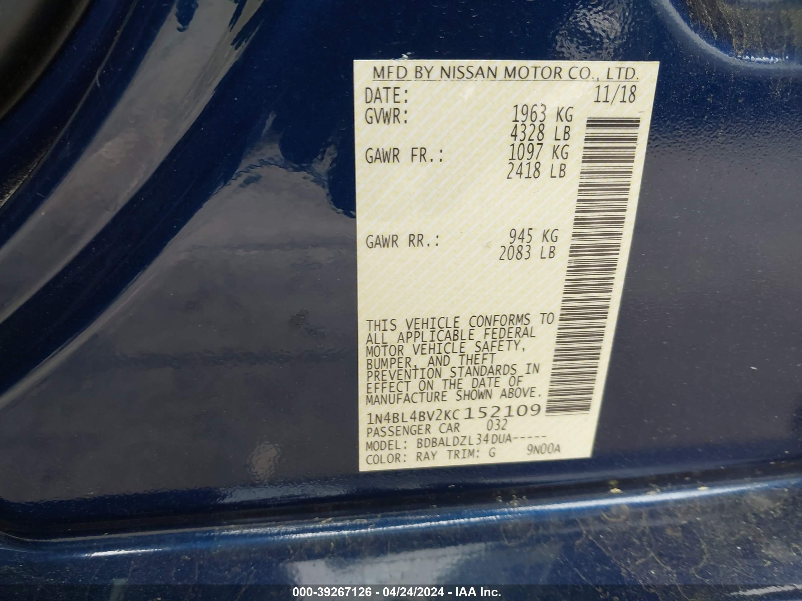 Photo 8 VIN: 1N4BL4BV2KC152109 - NISSAN ALTIMA 