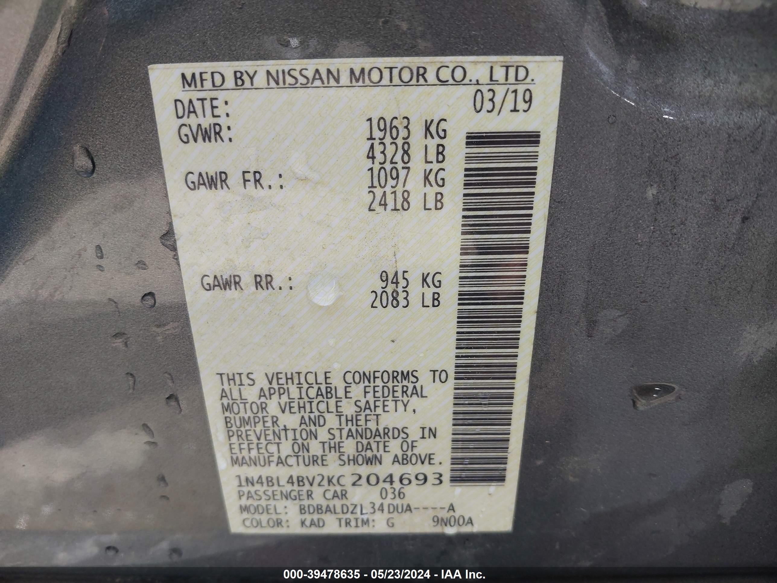 Photo 8 VIN: 1N4BL4BV2KC204693 - NISSAN ALTIMA 