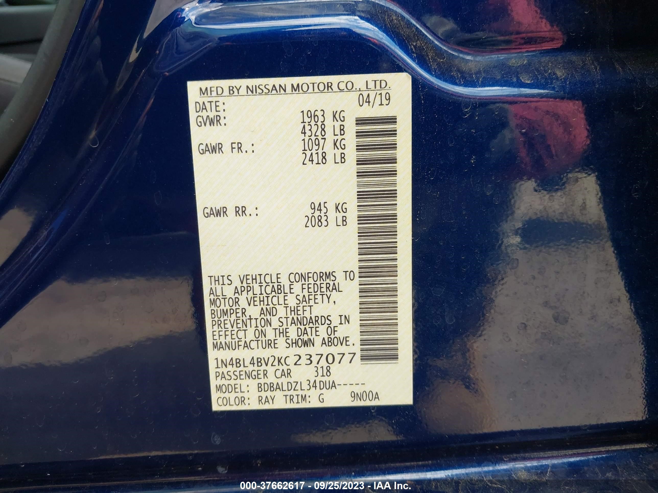 Photo 8 VIN: 1N4BL4BV2KC237077 - NISSAN ALTIMA 