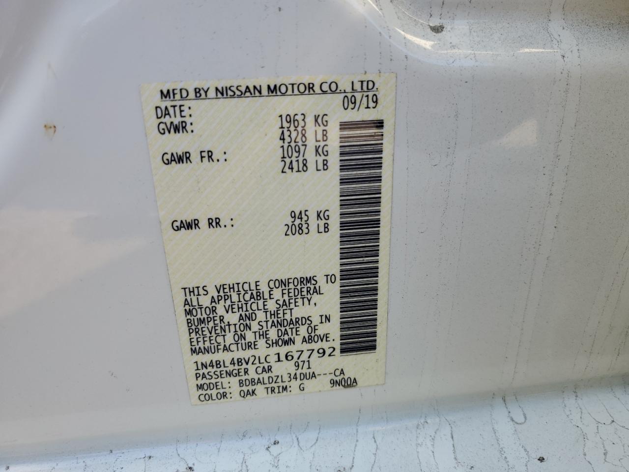 Photo 11 VIN: 1N4BL4BV2LC167792 - NISSAN ALTIMA 