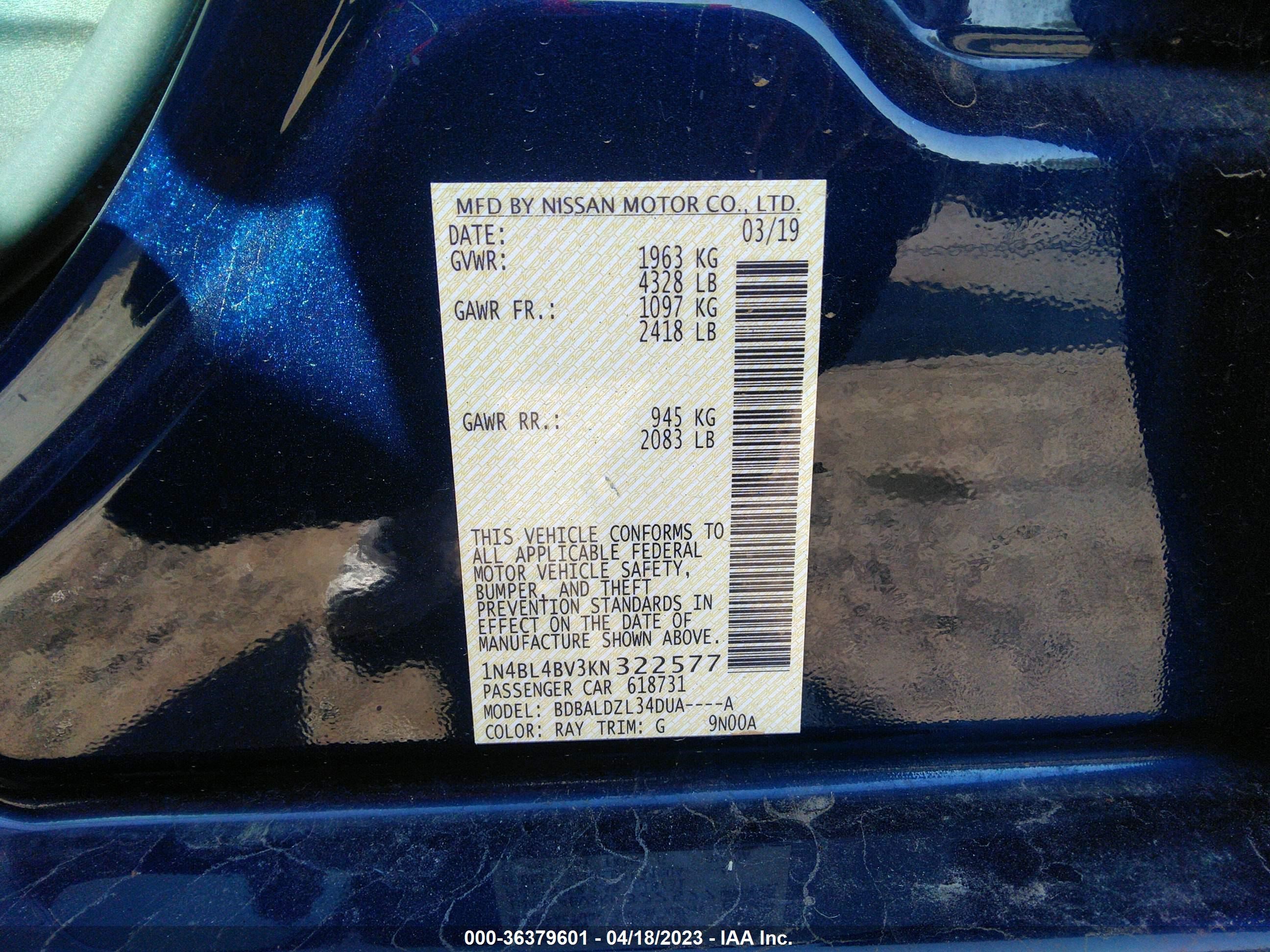 Photo 8 VIN: 1N4BL4BV3KN322577 - NISSAN ALTIMA 