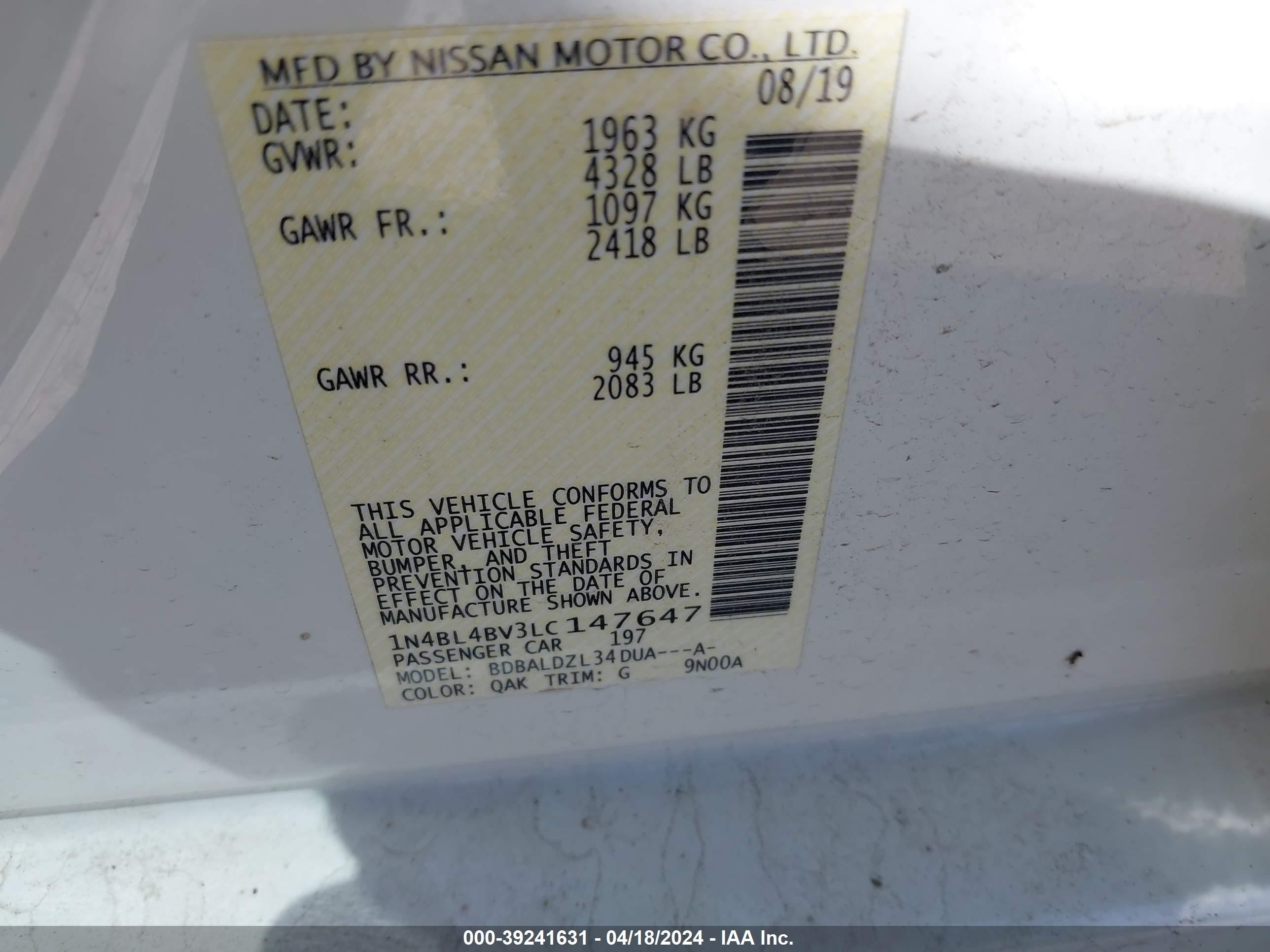 Photo 8 VIN: 1N4BL4BV3LC147647 - NISSAN ALTIMA 