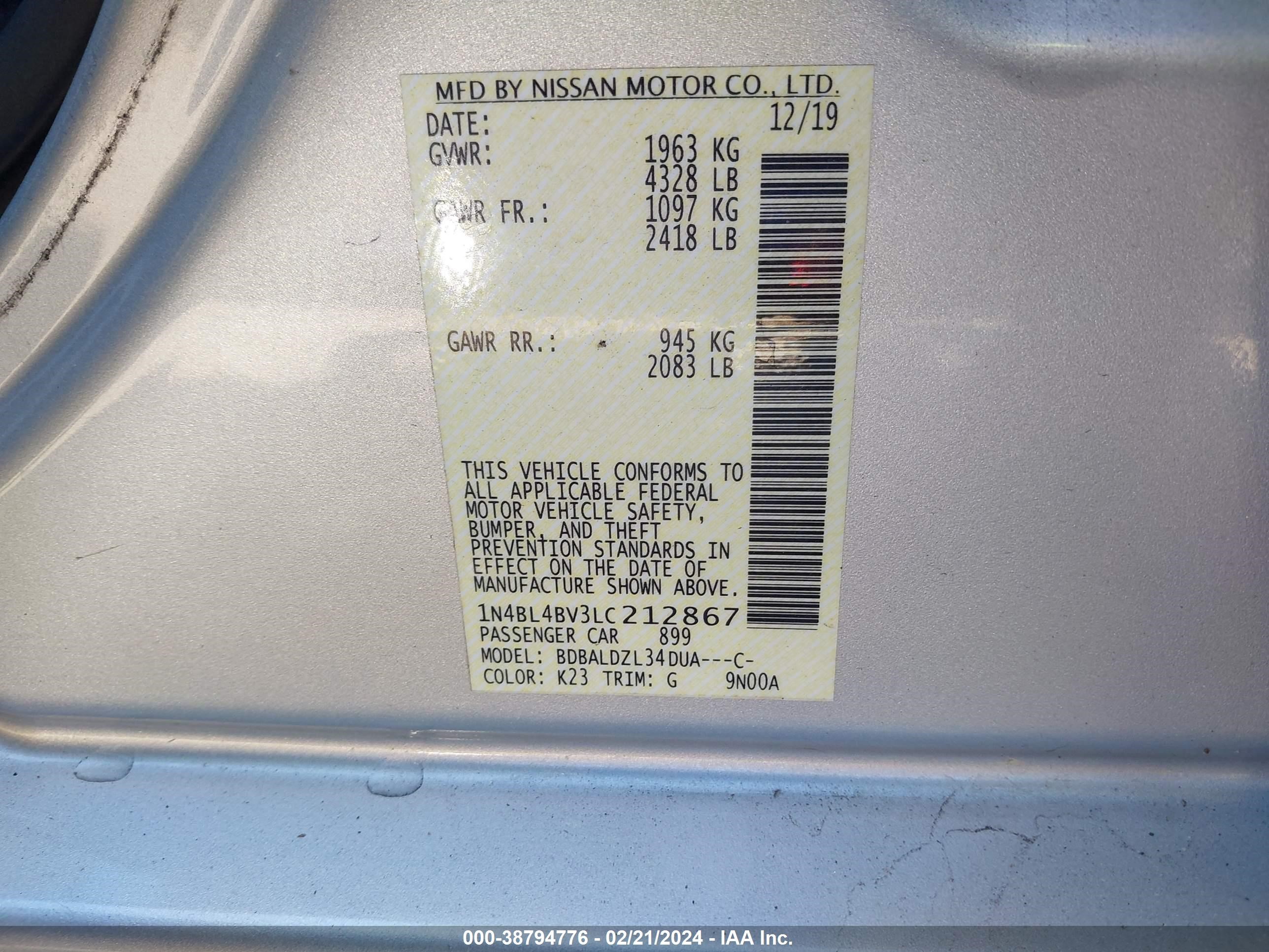 Photo 8 VIN: 1N4BL4BV3LC212867 - NISSAN ALTIMA 