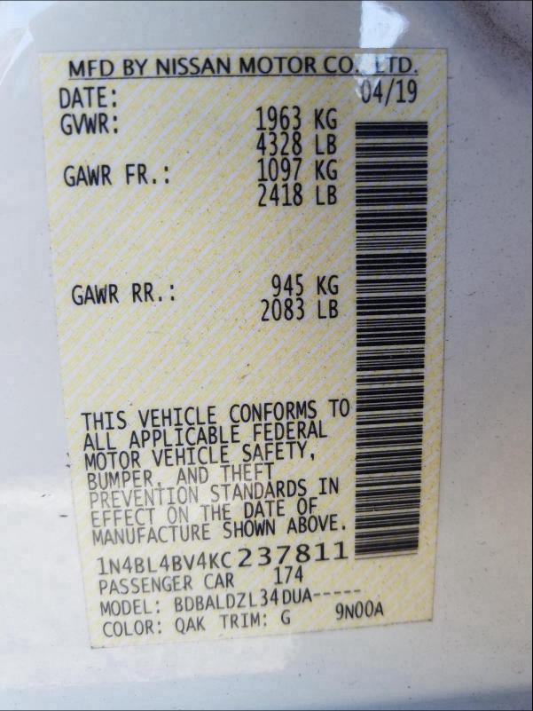 Photo 9 VIN: 1N4BL4BV4KC237811 - NISSAN ALTIMA S 