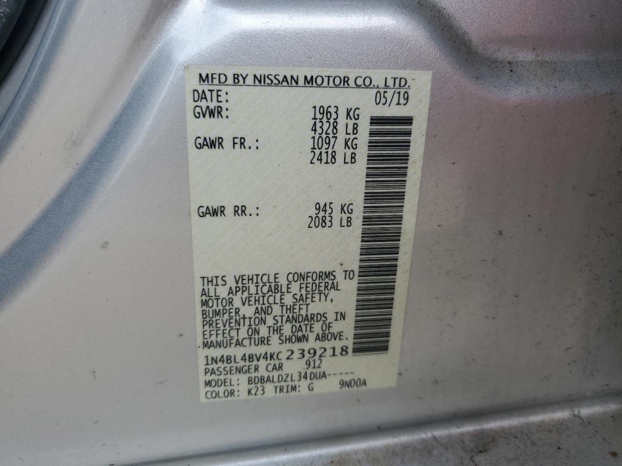 Photo 11 VIN: 1N4BL4BV4KC239218 - NISSAN ALTIMA 