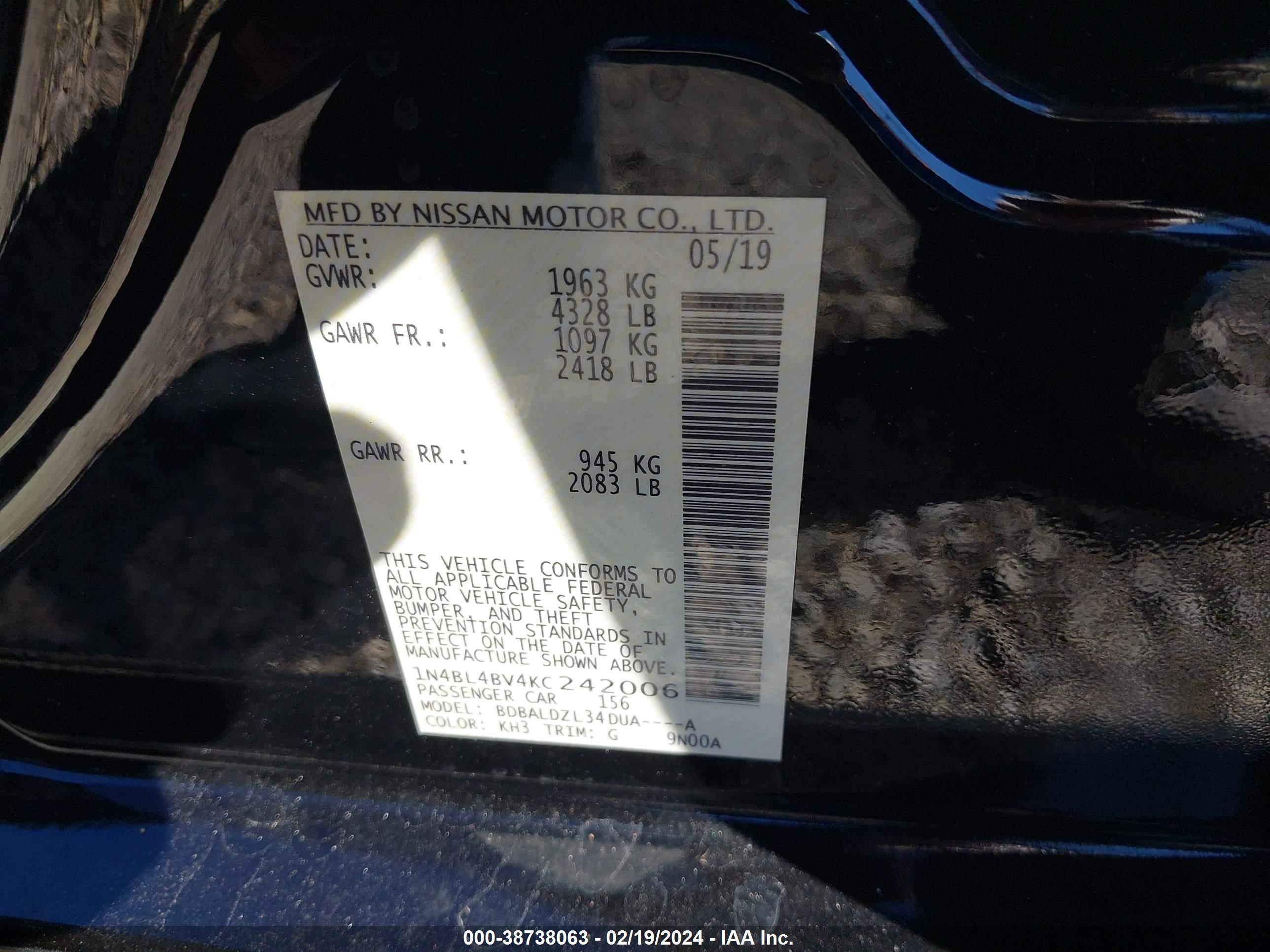 Photo 8 VIN: 1N4BL4BV4KC242006 - NISSAN ALTIMA 