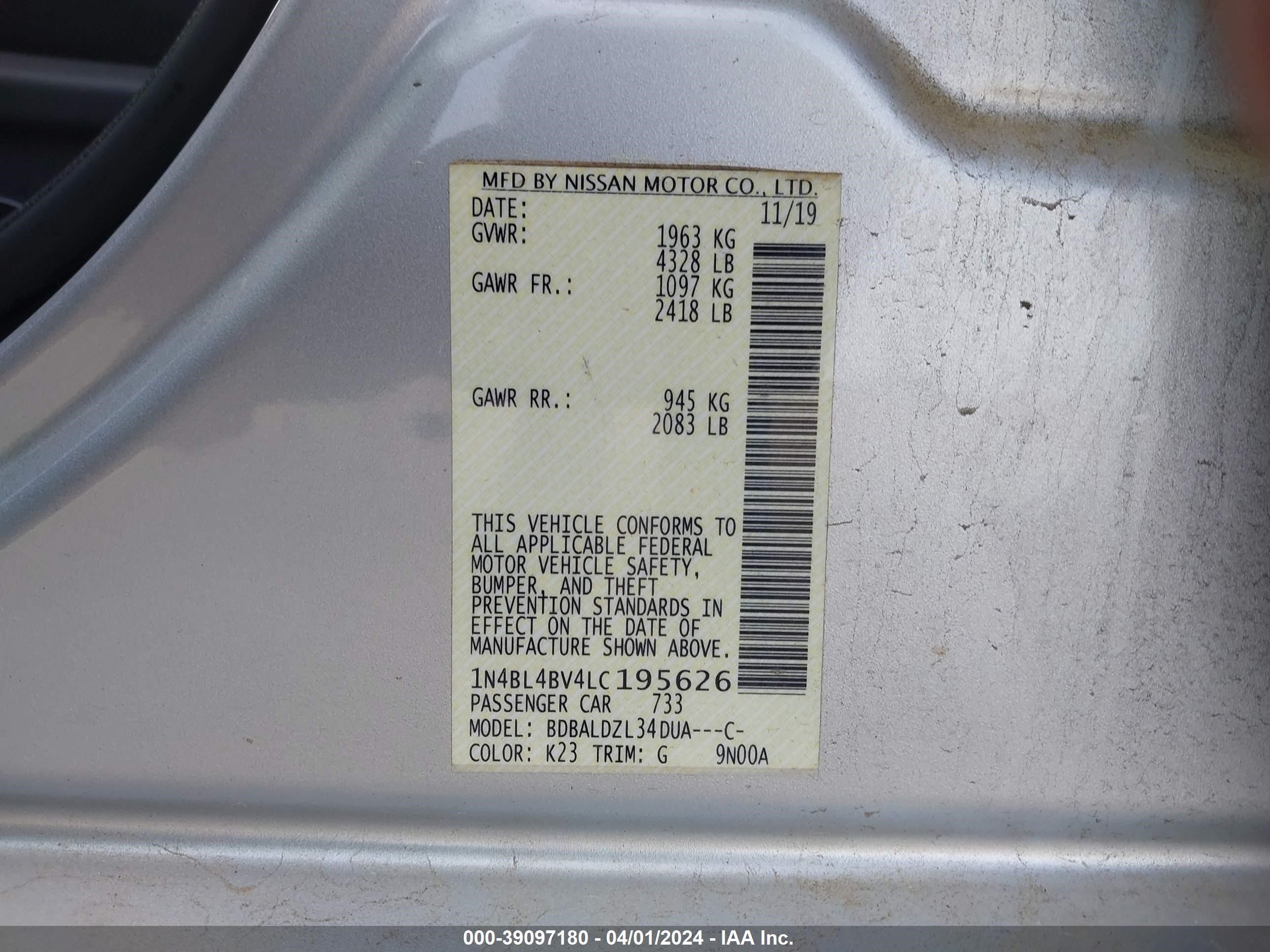 Photo 8 VIN: 1N4BL4BV4LC195626 - NISSAN ALTIMA 