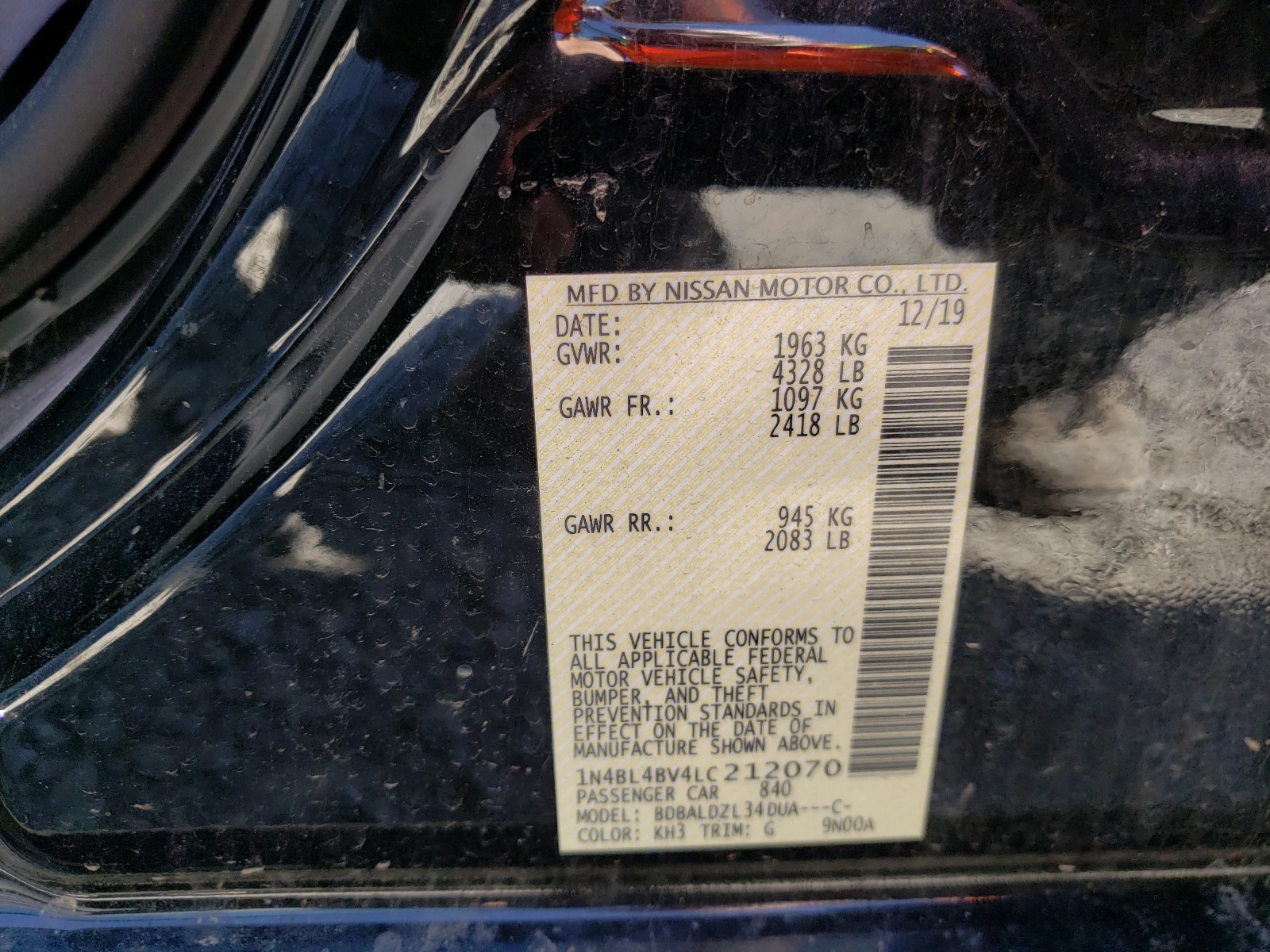 Photo 9 VIN: 1N4BL4BV4LC212070 - NISSAN ALTIMA S 