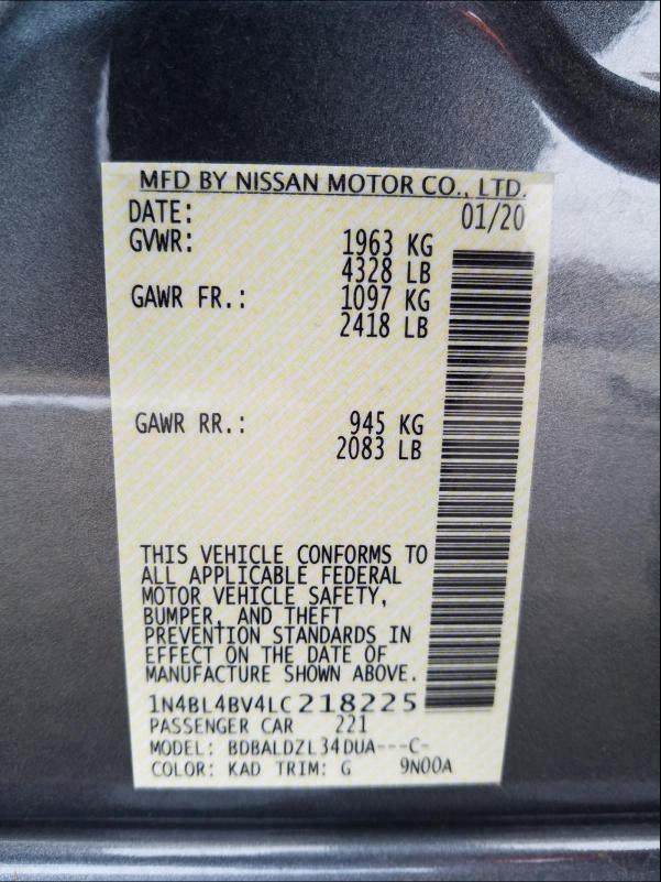 Photo 9 VIN: 1N4BL4BV4LC218225 - NISSAN ALTIMA S 