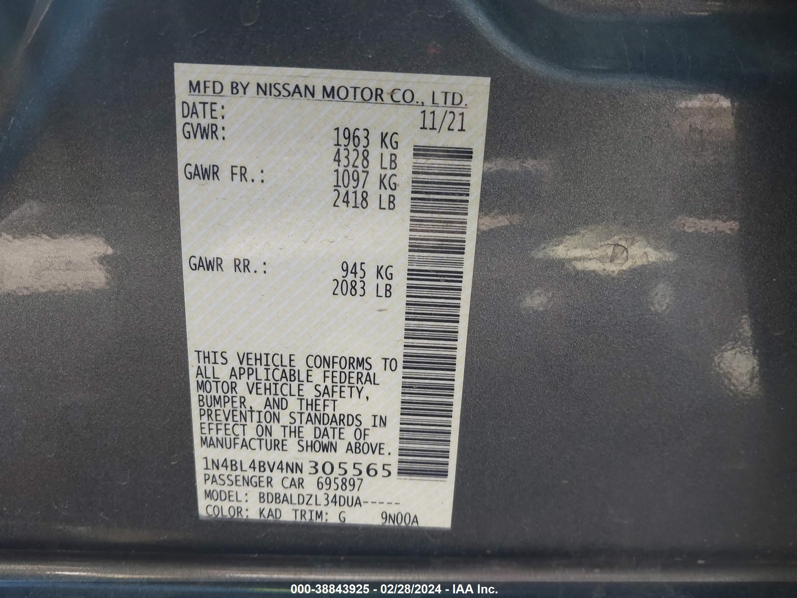 Photo 8 VIN: 1N4BL4BV4NN305565 - NISSAN ALTIMA 