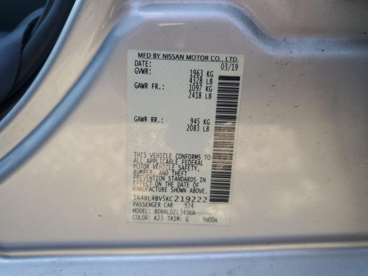 Photo 11 VIN: 1N4BL4BV5KC219222 - NISSAN ALTIMA 