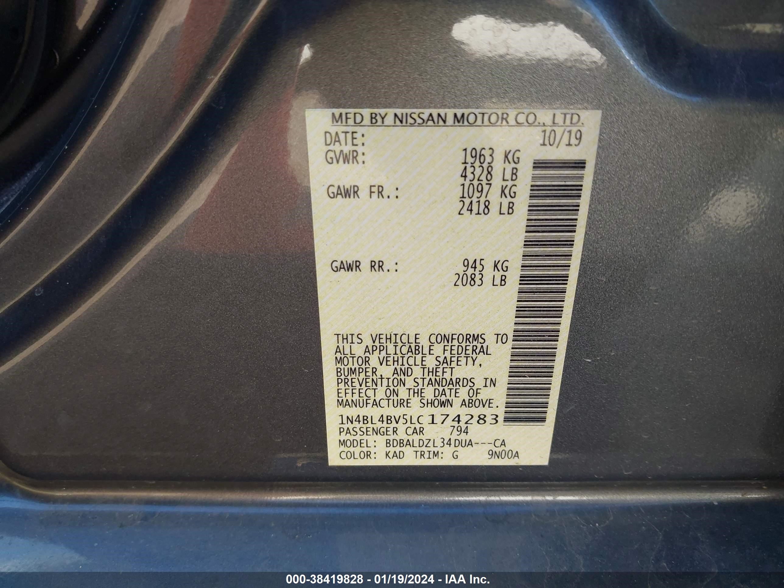 Photo 8 VIN: 1N4BL4BV5LC174283 - NISSAN ALTIMA 