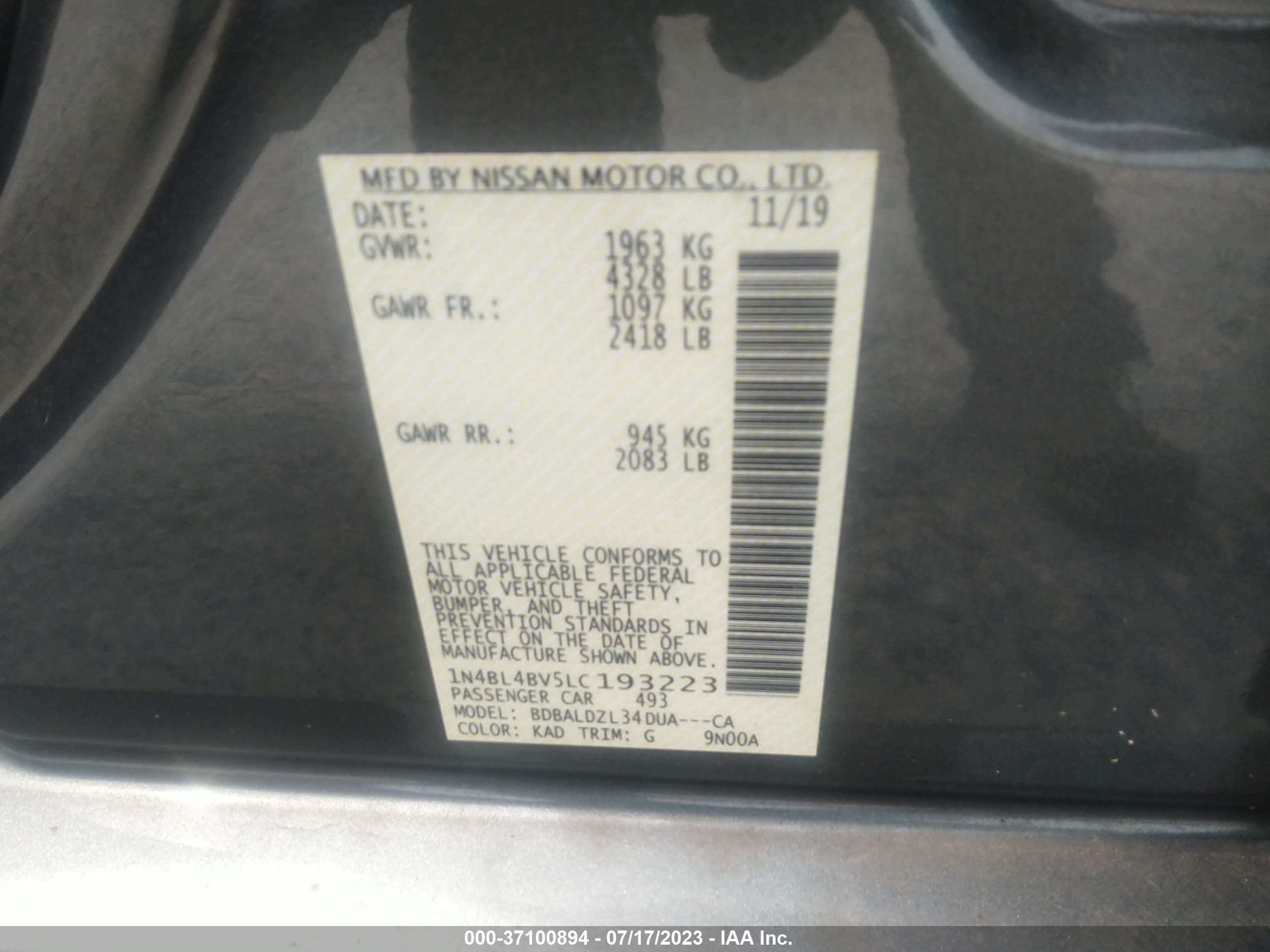 Photo 8 VIN: 1N4BL4BV5LC193223 - NISSAN ALTIMA 