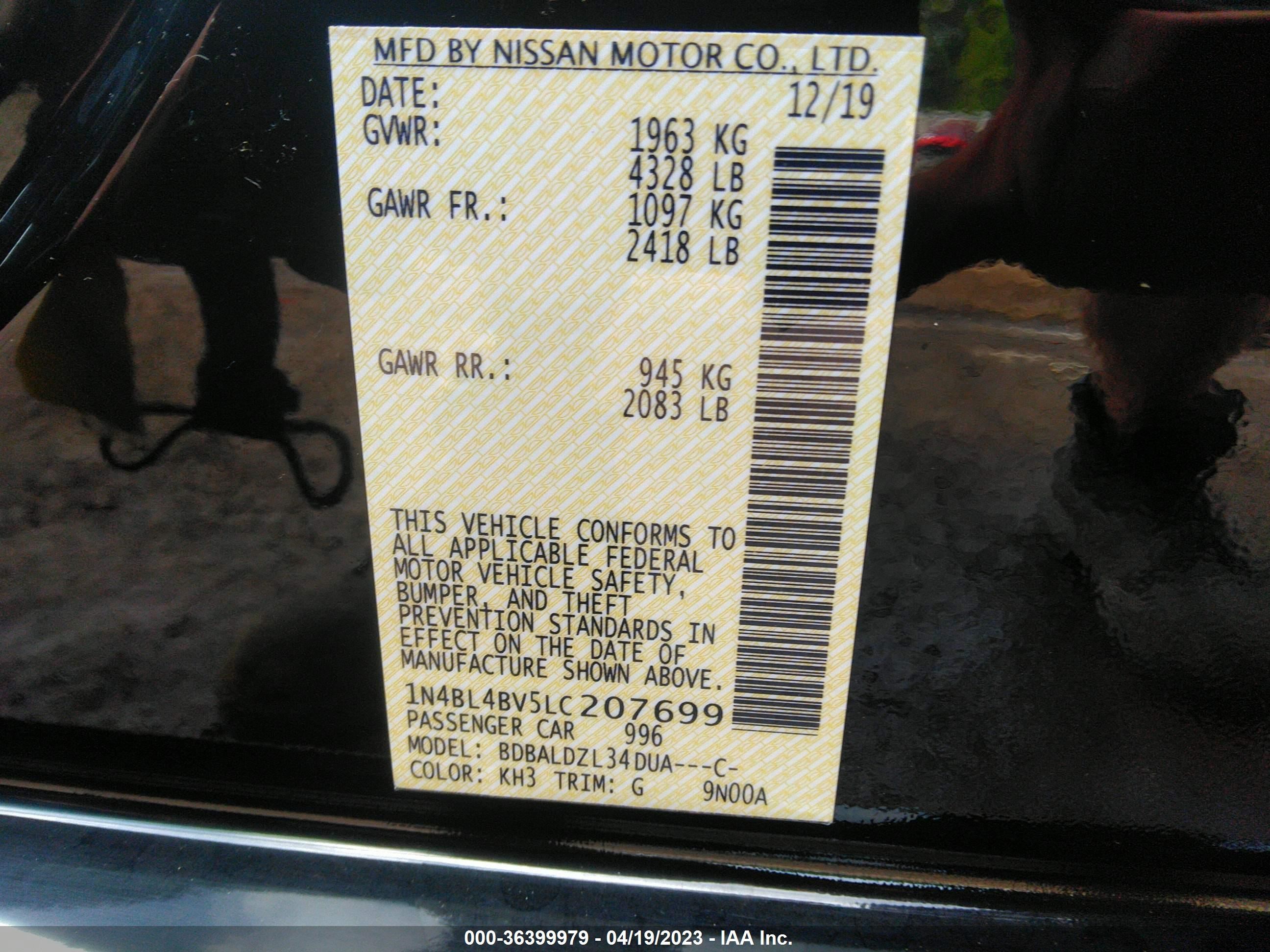 Photo 8 VIN: 1N4BL4BV5LC207699 - NISSAN ALTIMA 