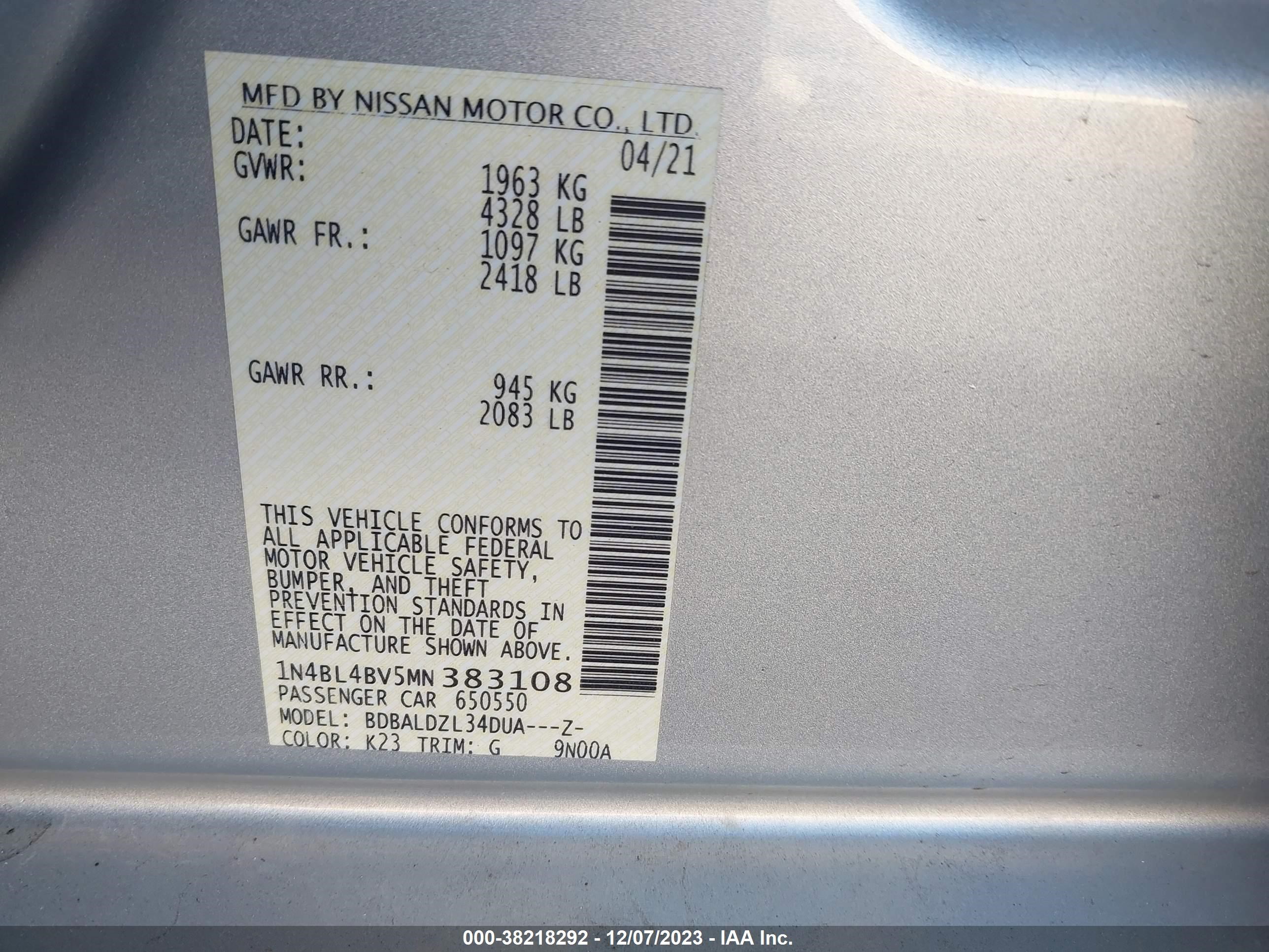 Photo 8 VIN: 1N4BL4BV5MN383108 - NISSAN ALTIMA 