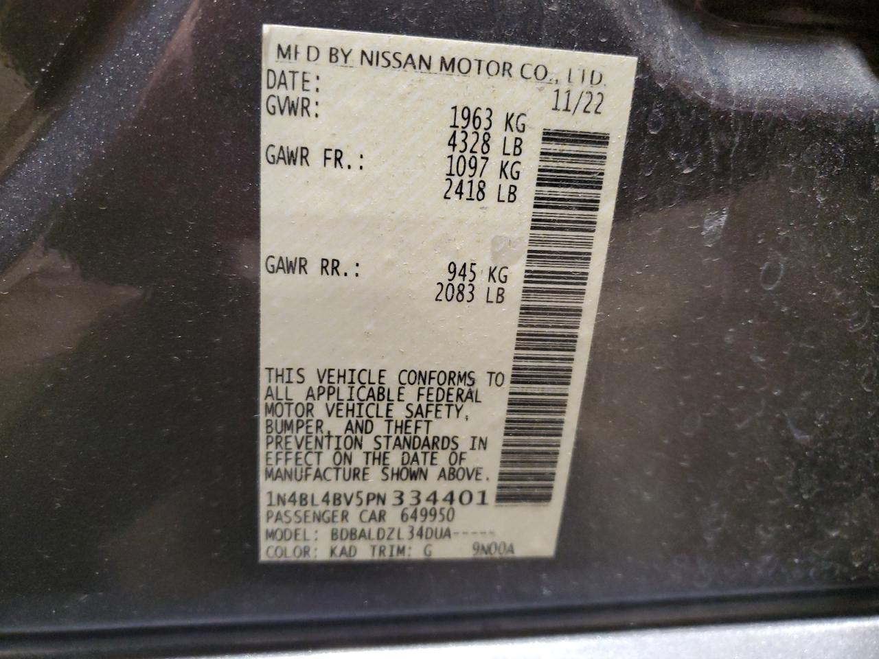 Photo 11 VIN: 1N4BL4BV5PN334401 - NISSAN ALTIMA 