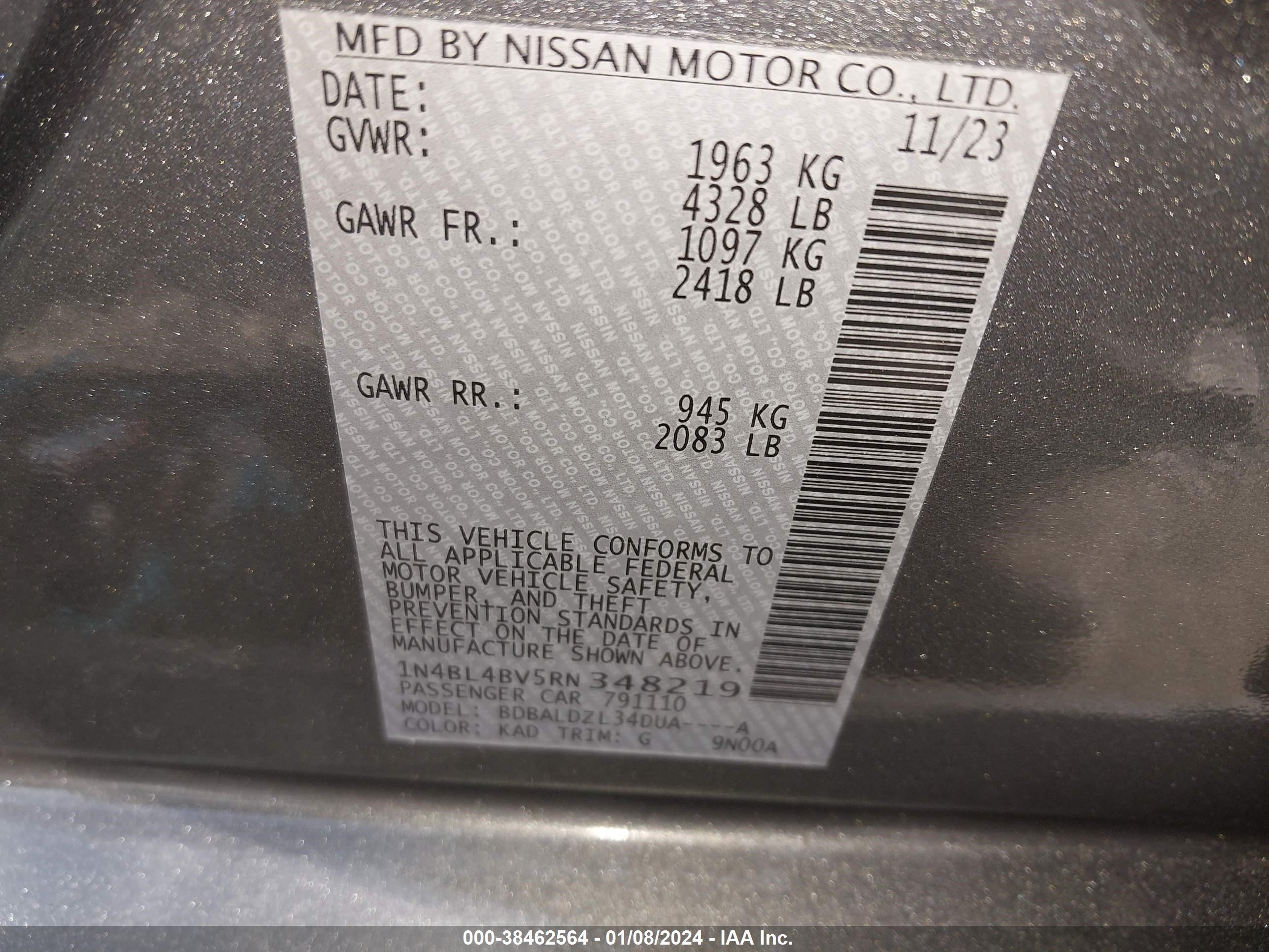 Photo 8 VIN: 1N4BL4BV5RN348219 - NISSAN ALTIMA 