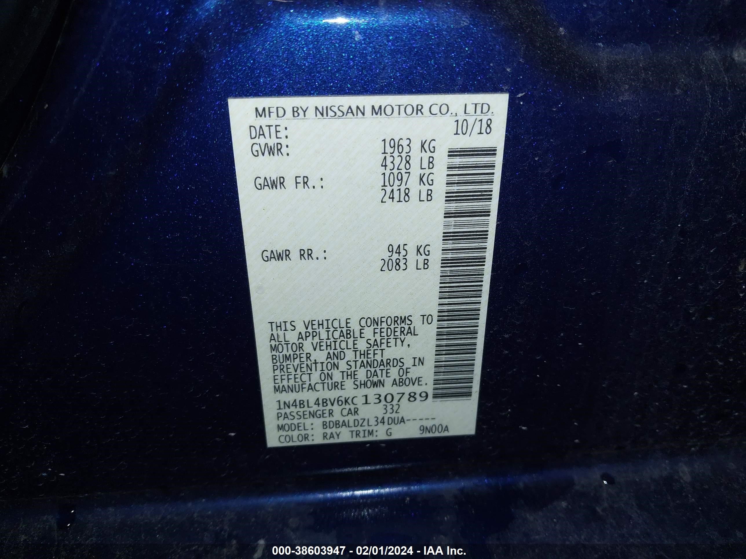 Photo 8 VIN: 1N4BL4BV6KC130789 - NISSAN ALTIMA 