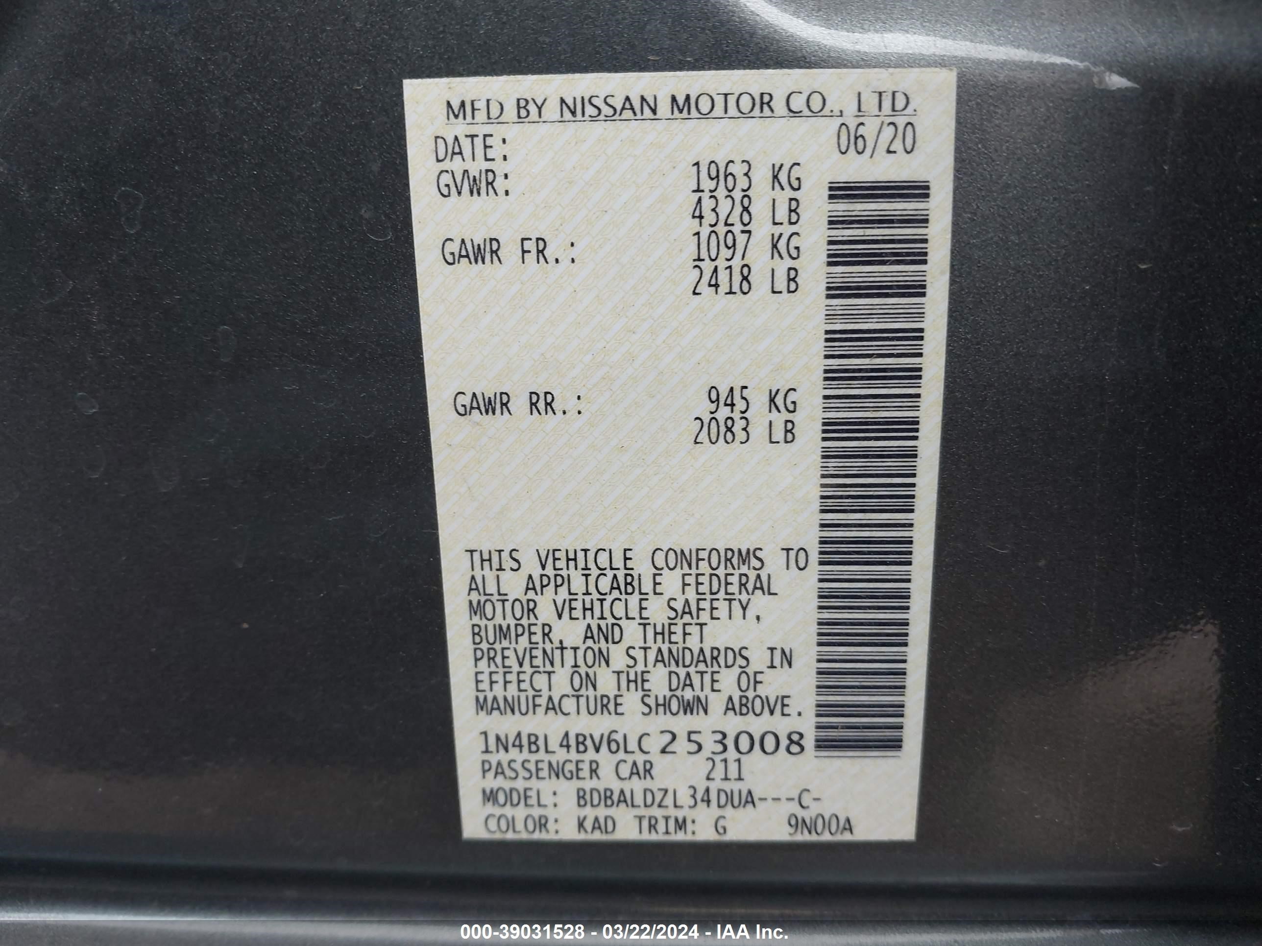 Photo 8 VIN: 1N4BL4BV6LC253008 - NISSAN ALTIMA 