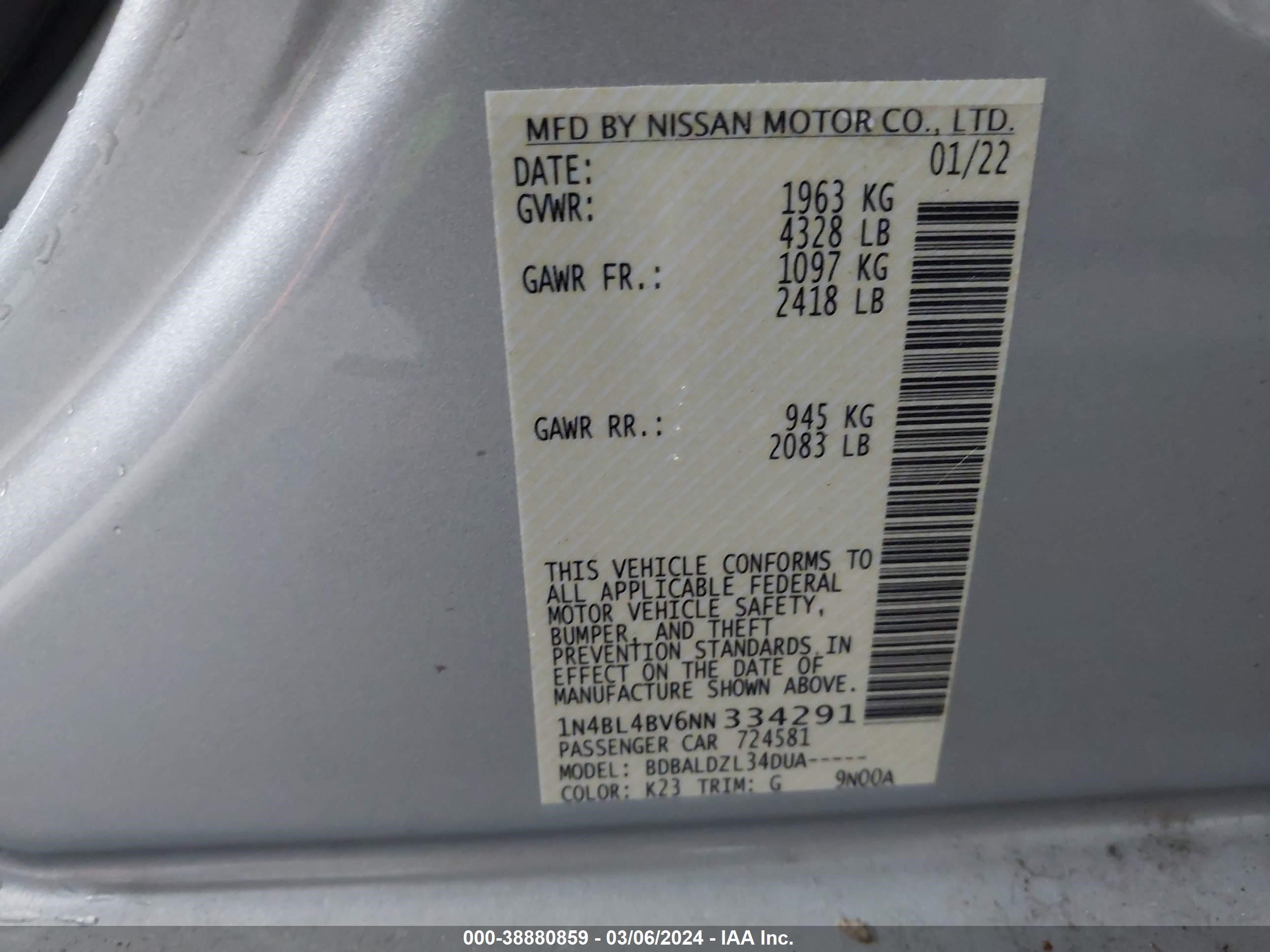 Photo 8 VIN: 1N4BL4BV6NN334291 - NISSAN ALTIMA 