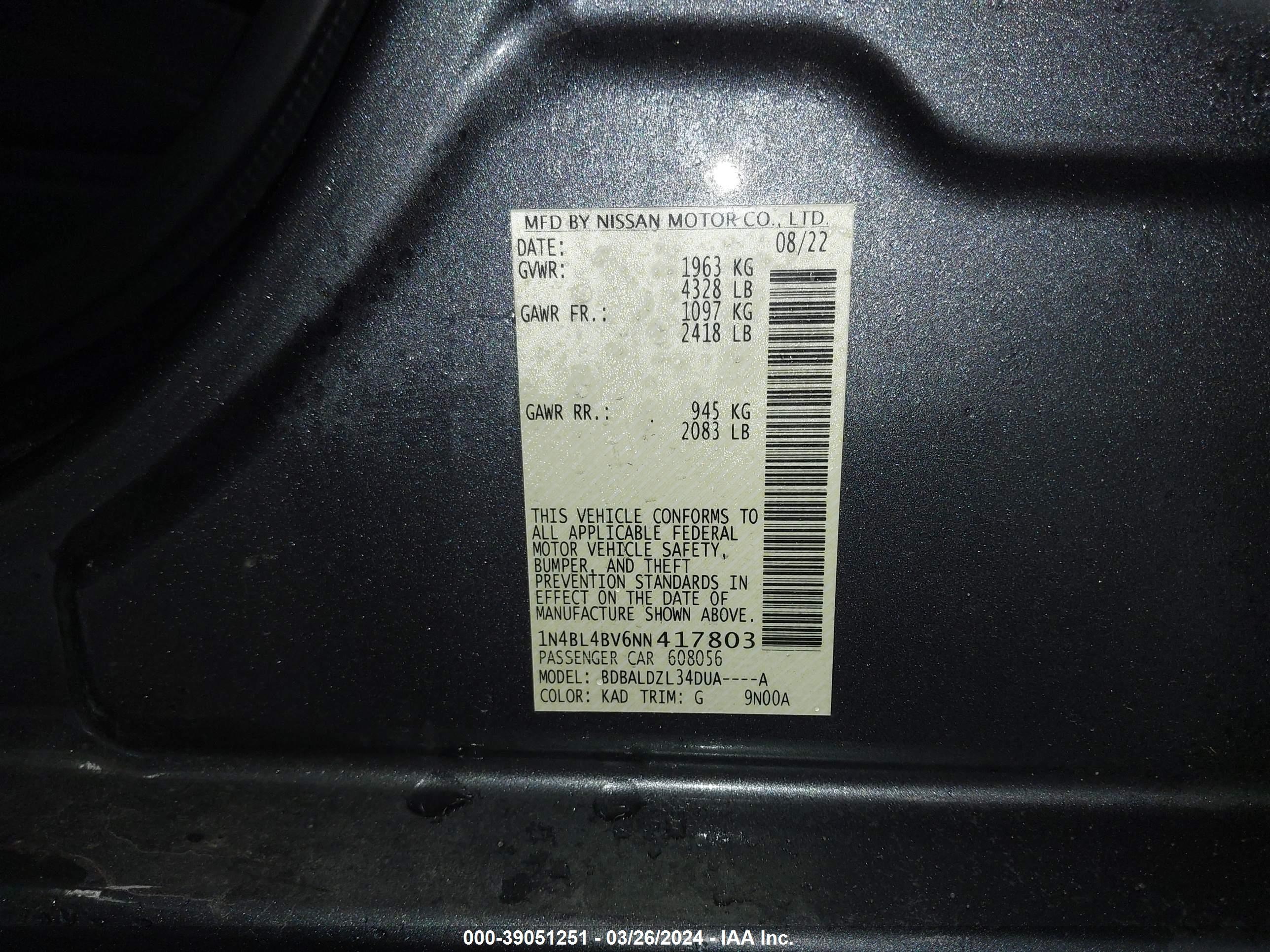 Photo 8 VIN: 1N4BL4BV6NN417803 - NISSAN ALTIMA 