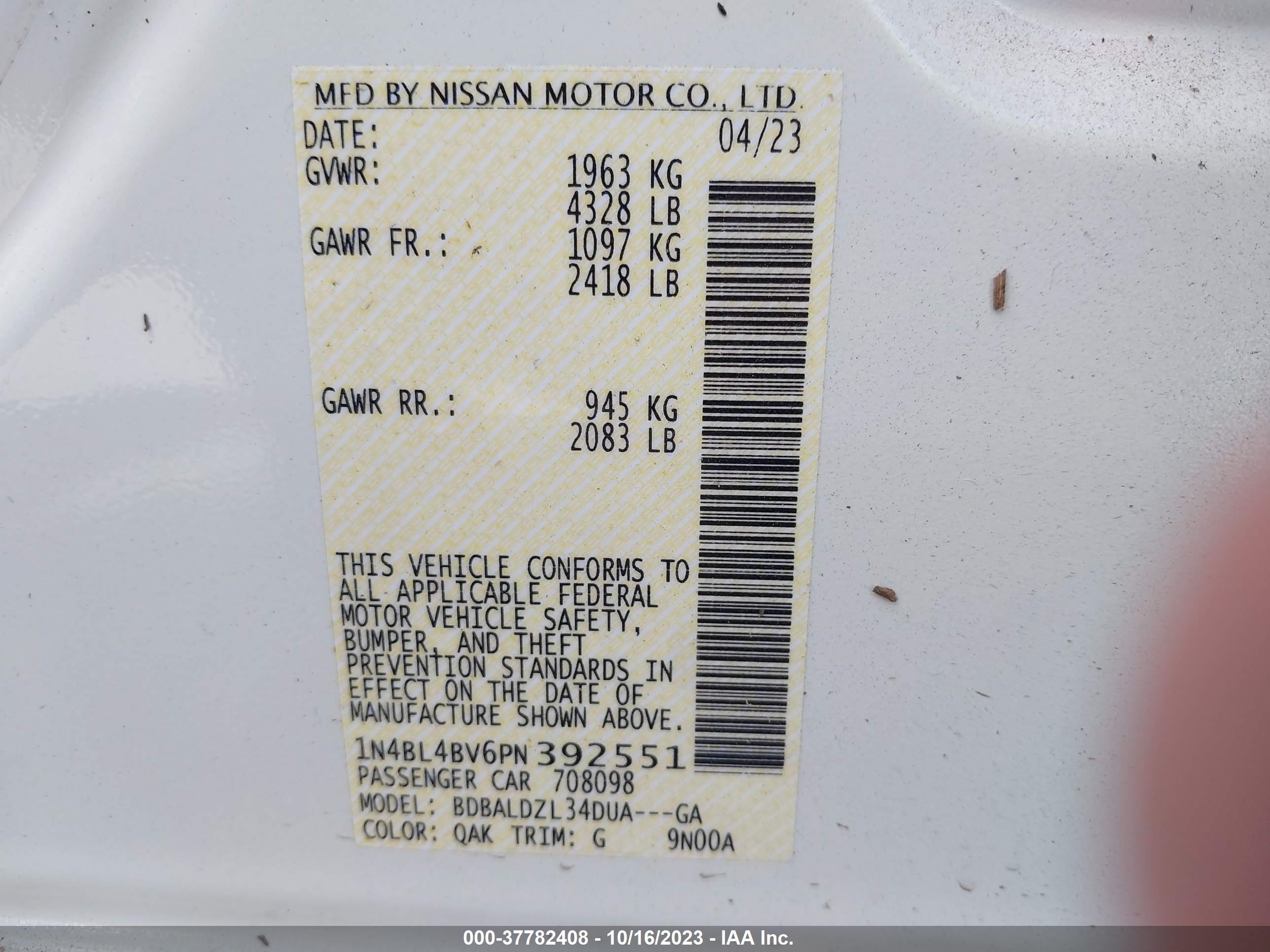 Photo 8 VIN: 1N4BL4BV6PN392551 - NISSAN ALTIMA 