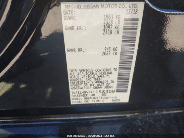 Photo 8 VIN: 1N4BL4BV7KC158309 - NISSAN ALTIMA 