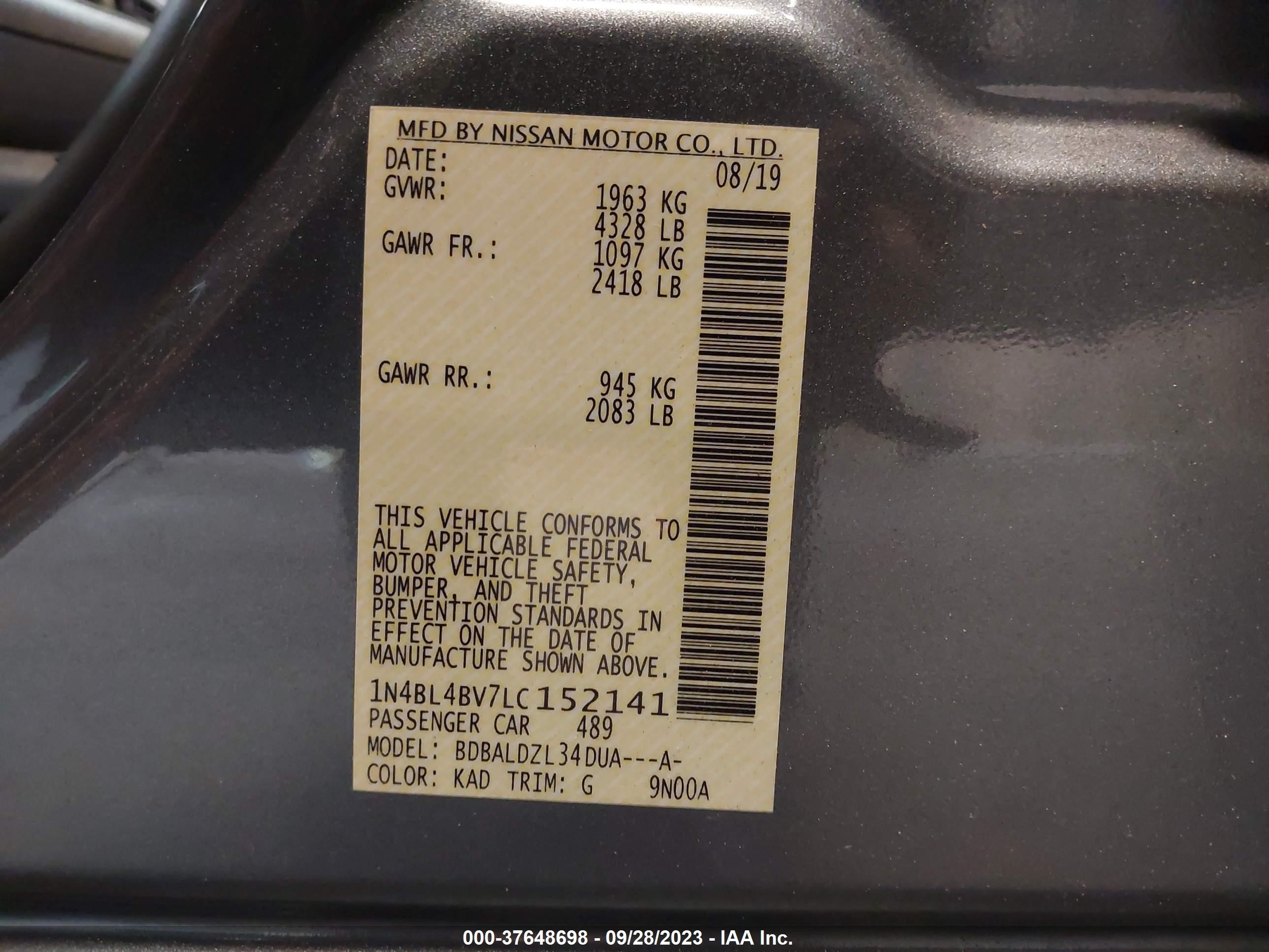 Photo 8 VIN: 1N4BL4BV7LC152141 - NISSAN ALTIMA 