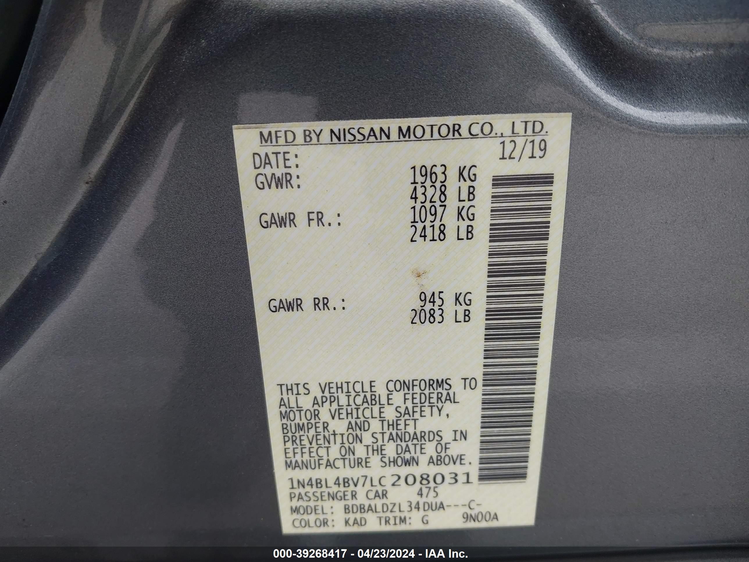 Photo 8 VIN: 1N4BL4BV7LC208031 - NISSAN ALTIMA 