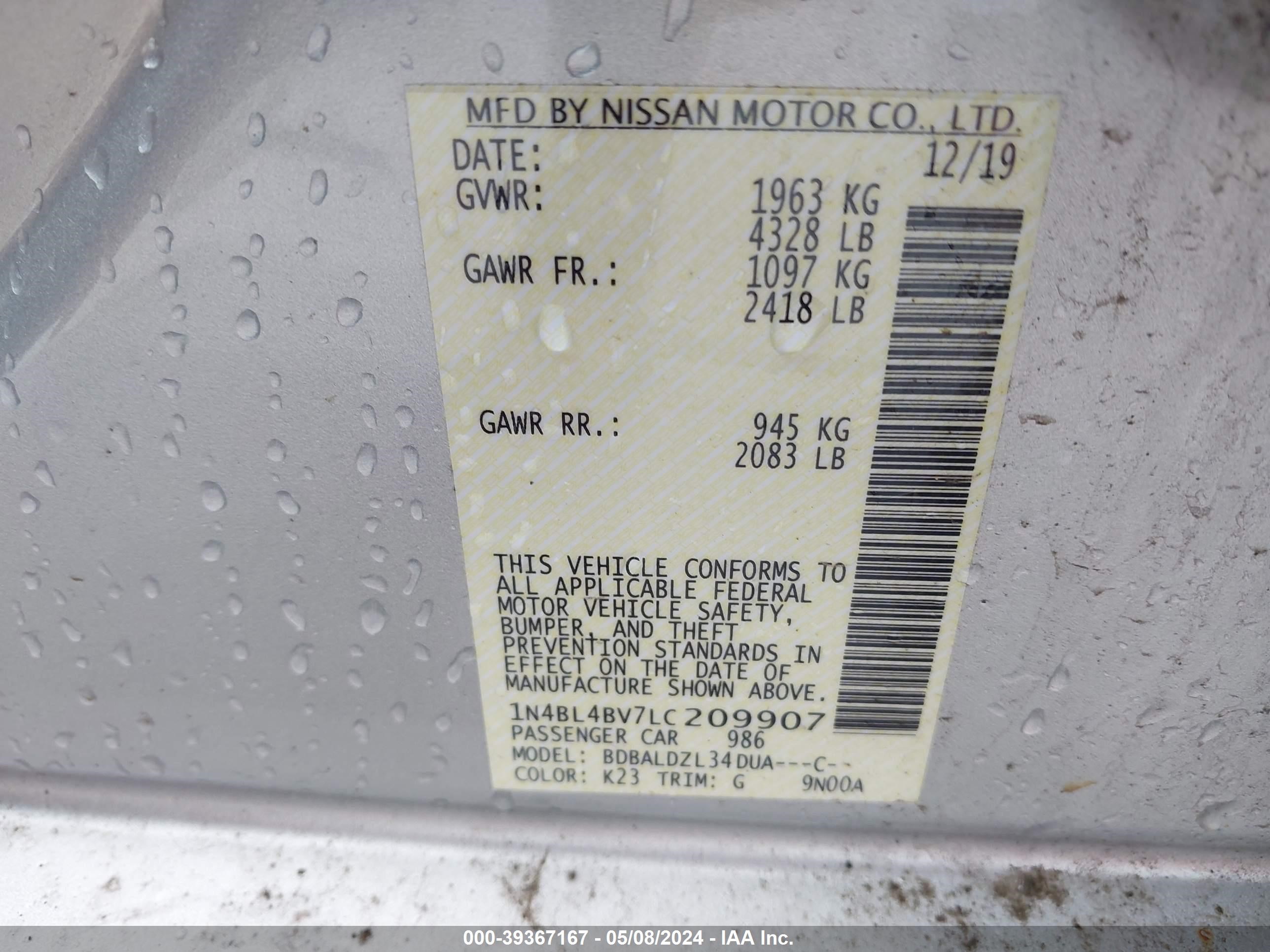 Photo 8 VIN: 1N4BL4BV7LC209907 - NISSAN ALTIMA 