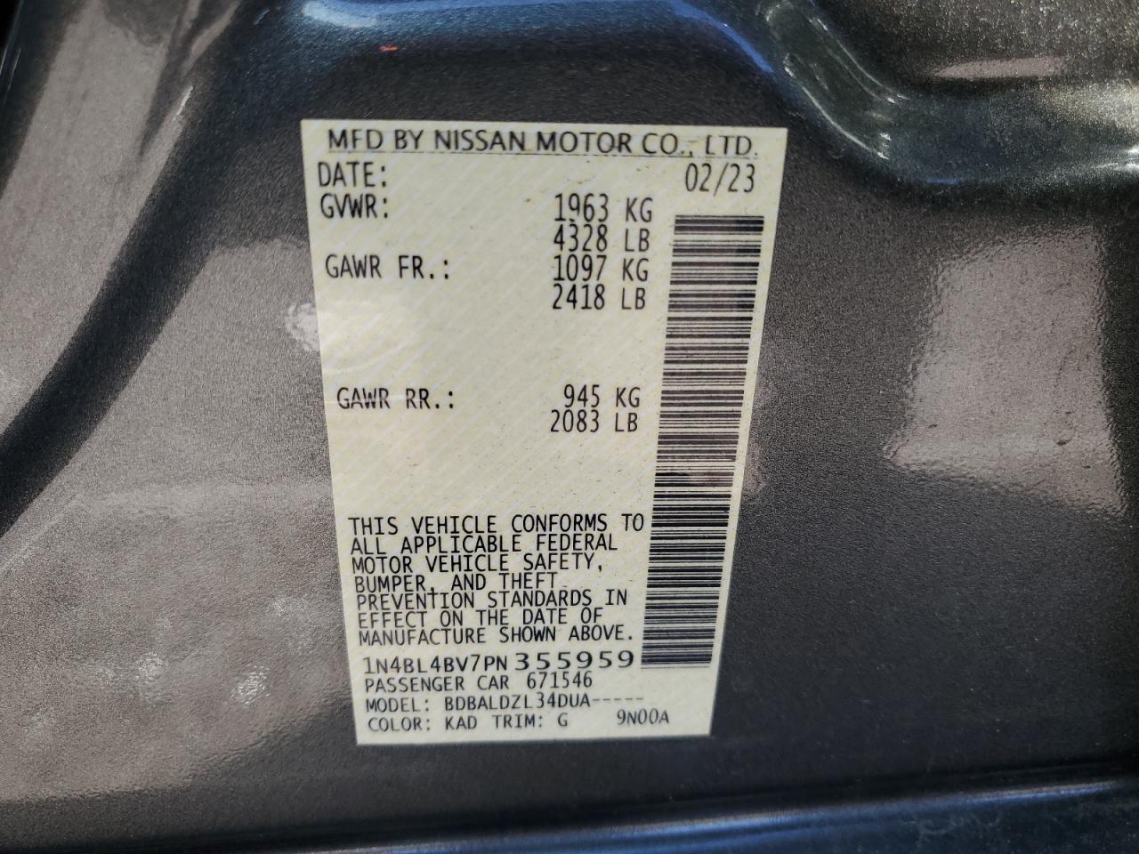 Photo 12 VIN: 1N4BL4BV7PN355959 - NISSAN ALTIMA 