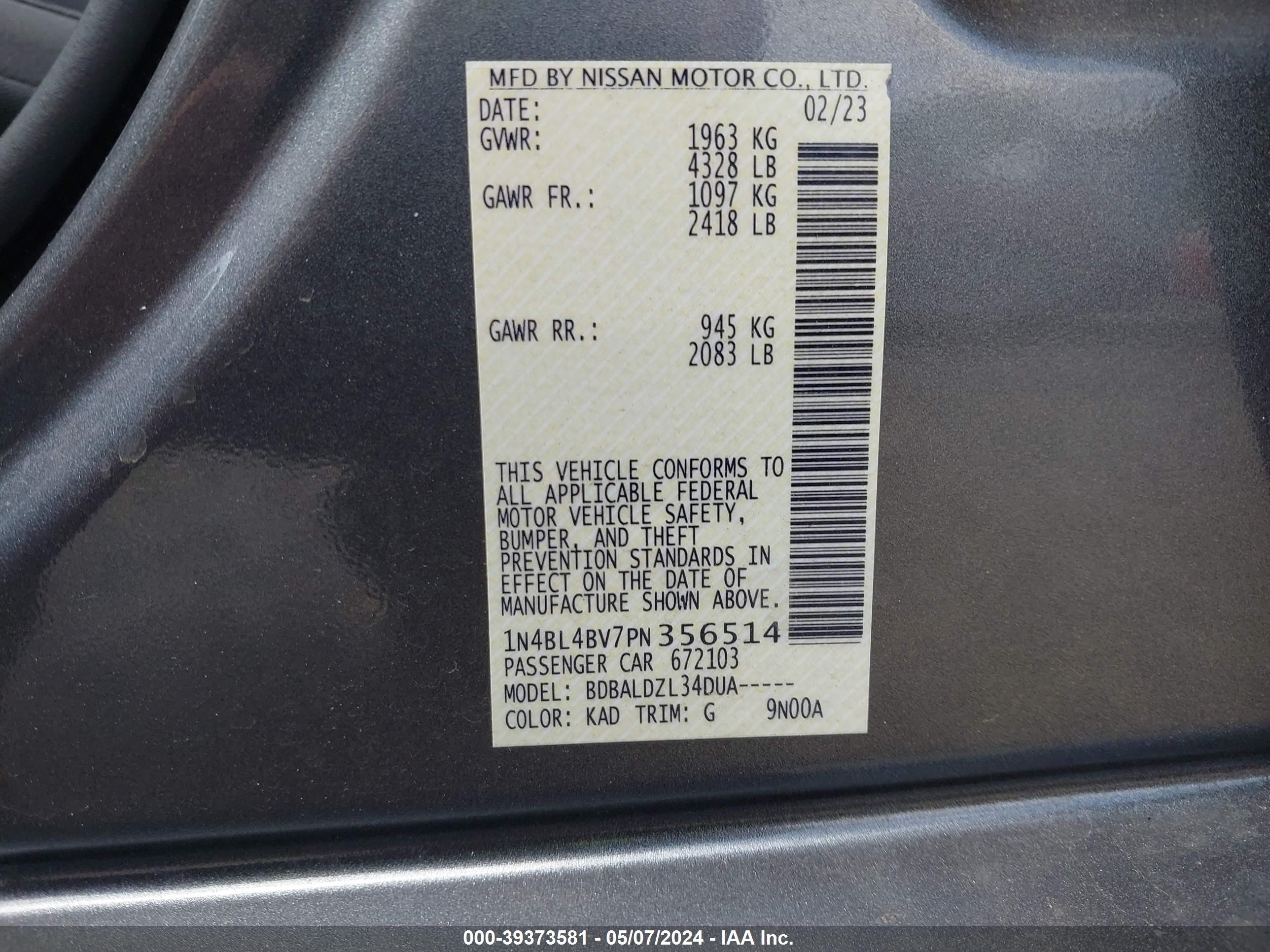 Photo 8 VIN: 1N4BL4BV7PN356514 - NISSAN ALTIMA 