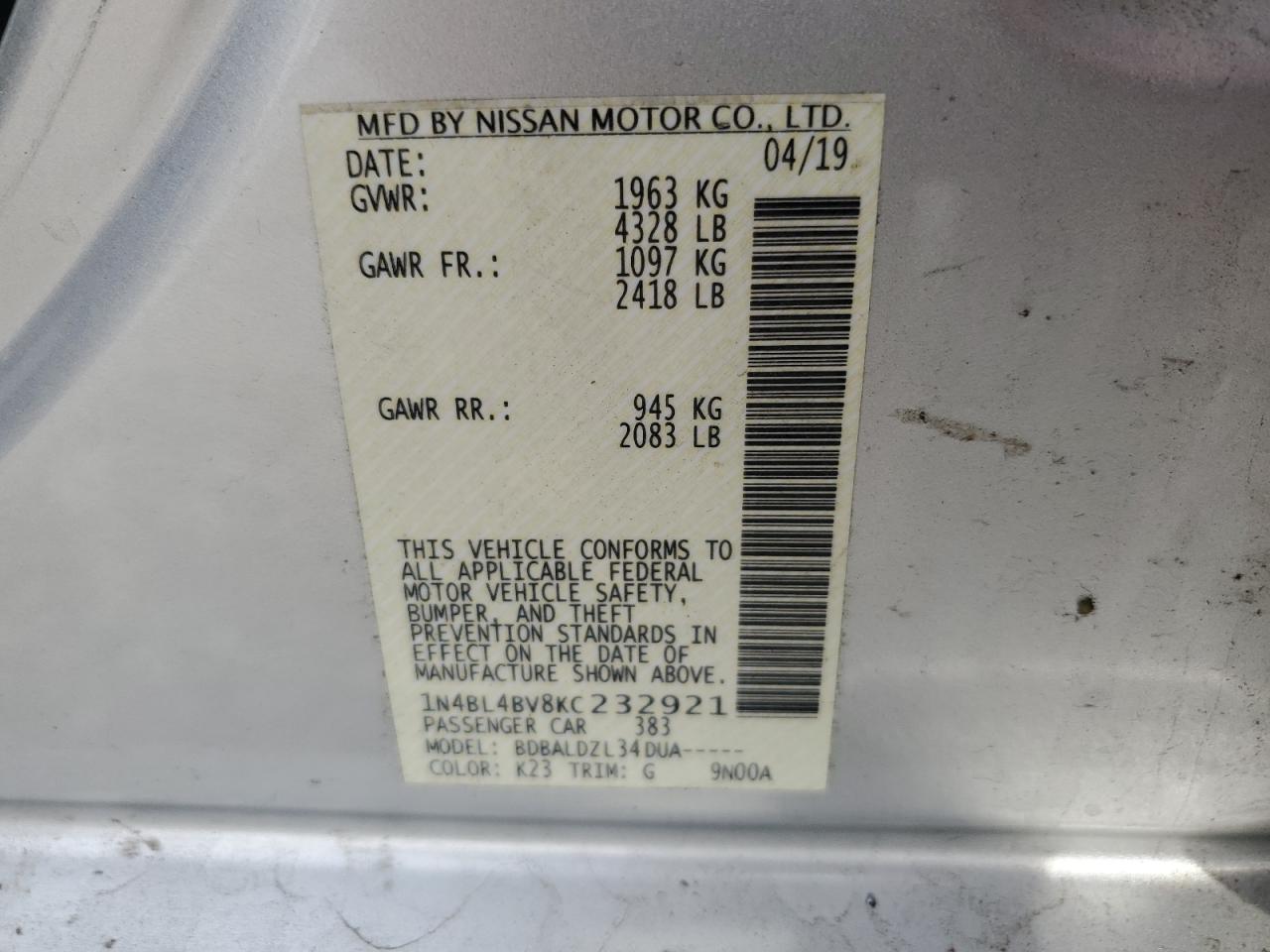 Photo 11 VIN: 1N4BL4BV8KC232921 - NISSAN ALTIMA 