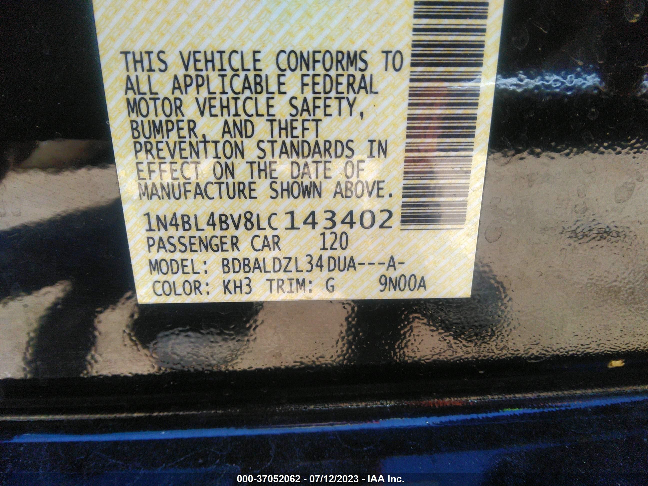 Photo 8 VIN: 1N4BL4BV8LC143402 - NISSAN ALTIMA 