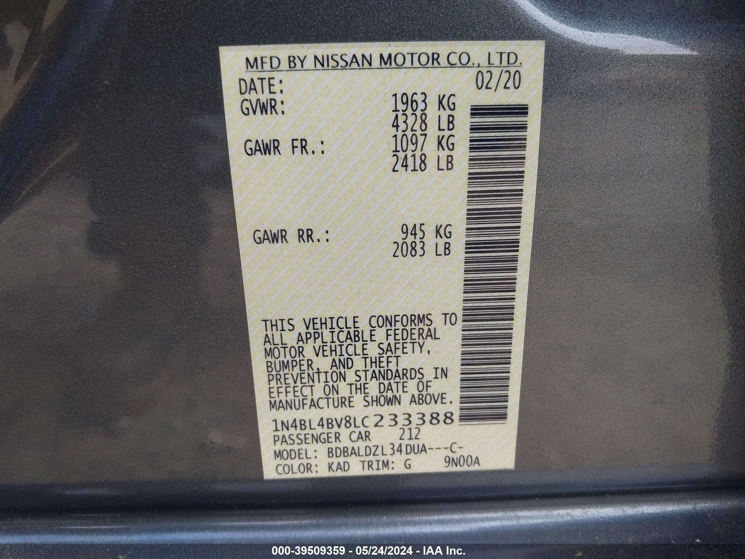 Photo 8 VIN: 1N4BL4BV8LC233388 - NISSAN ALTIMA 