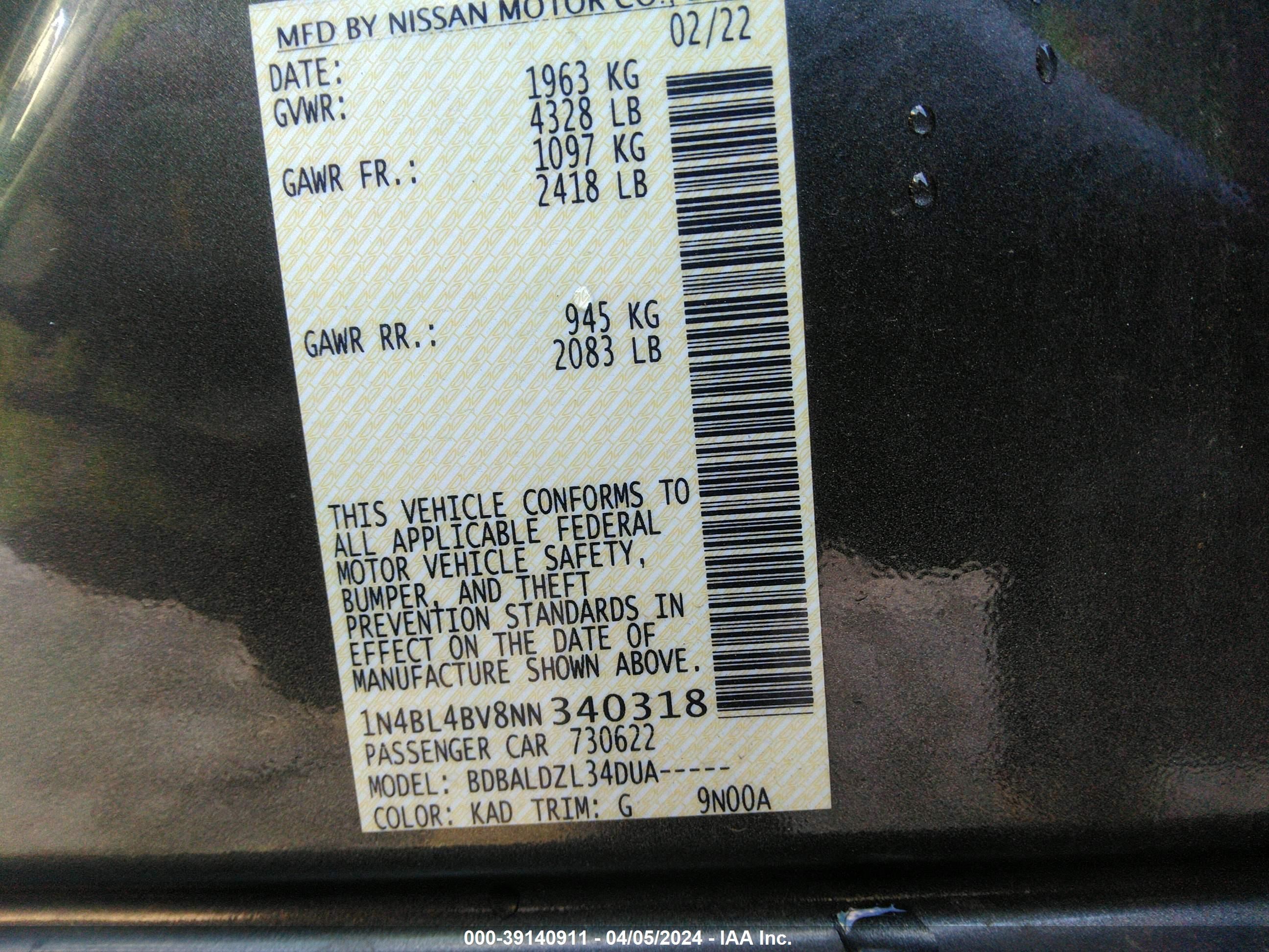 Photo 8 VIN: 1N4BL4BV8NN340318 - NISSAN ALTIMA 