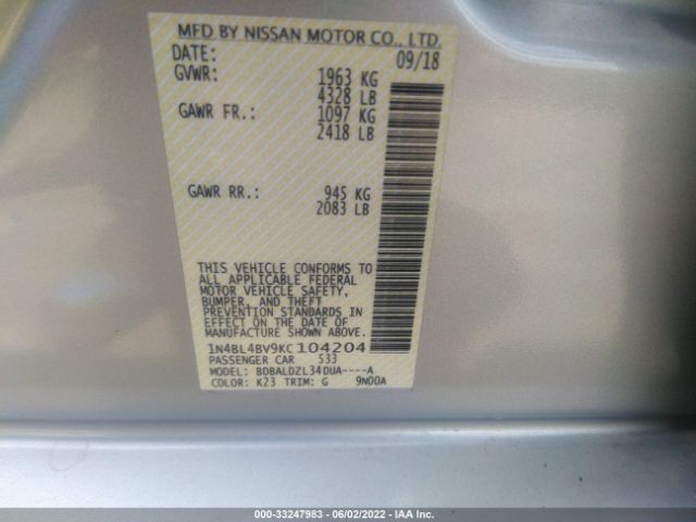 Photo 8 VIN: 1N4BL4BV9KC104204 - NISSAN ALTIMA 