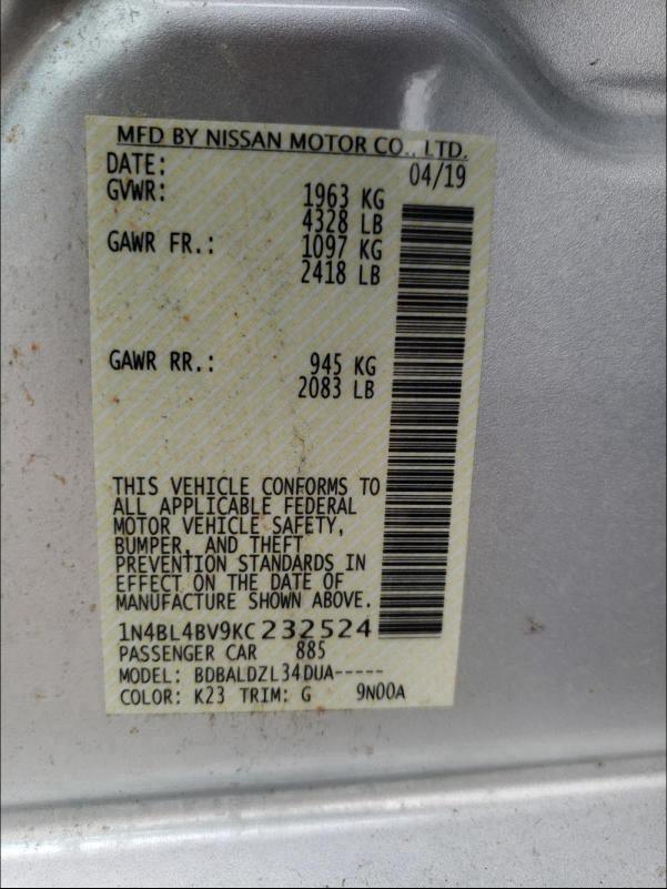 Photo 9 VIN: 1N4BL4BV9KC232524 - NISSAN ALTIMA S 