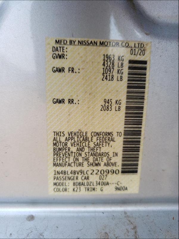 Photo 9 VIN: 1N4BL4BV9LC220990 - NISSAN ALTIMA S 