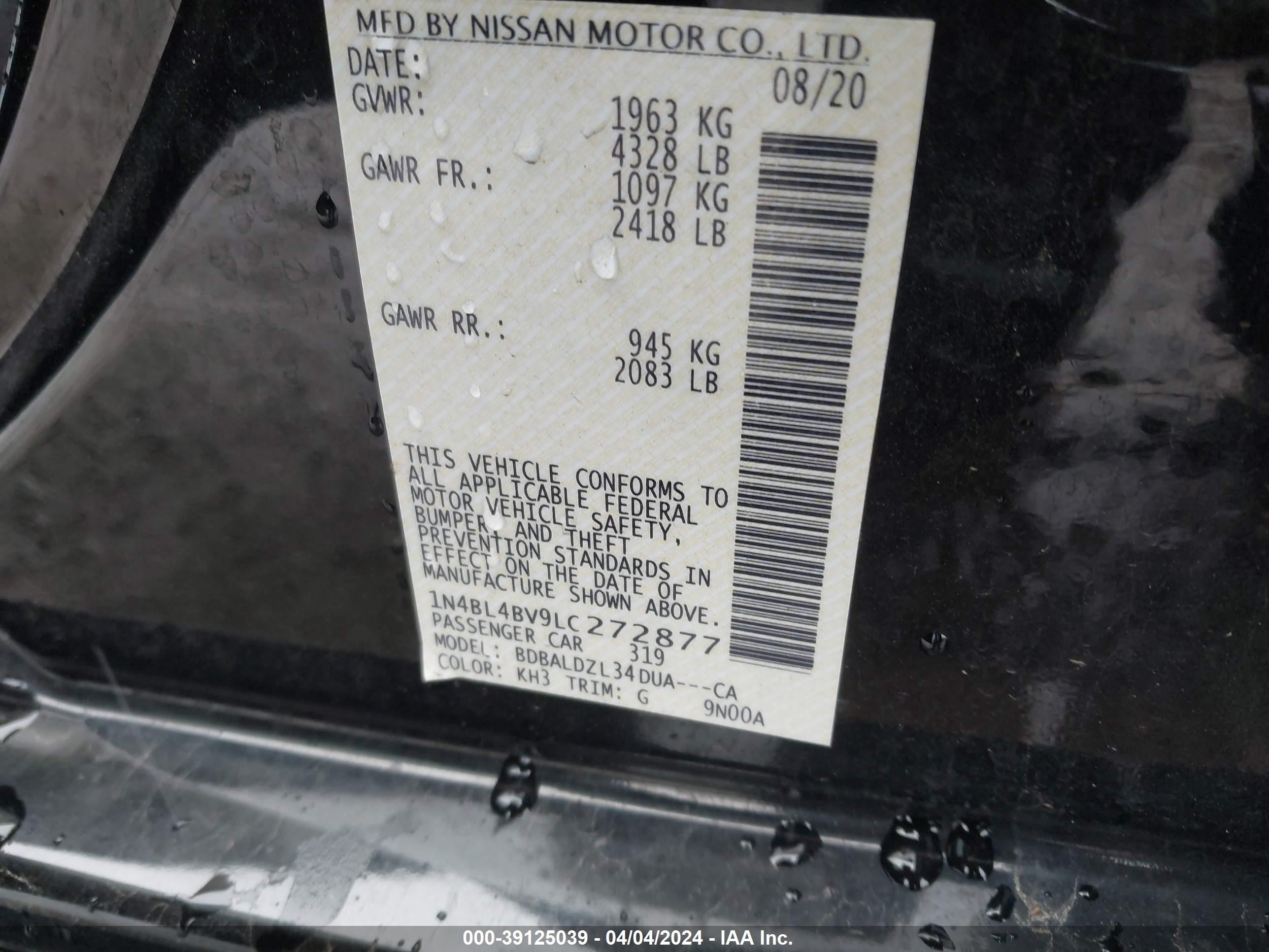 Photo 8 VIN: 1N4BL4BV9LC272877 - NISSAN ALTIMA 