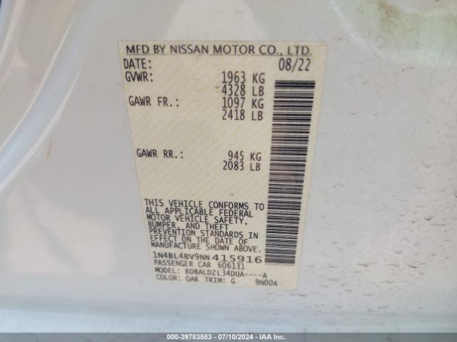 Photo 8 VIN: 1N4BL4BV9NN415916 - NISSAN ALTIMA 