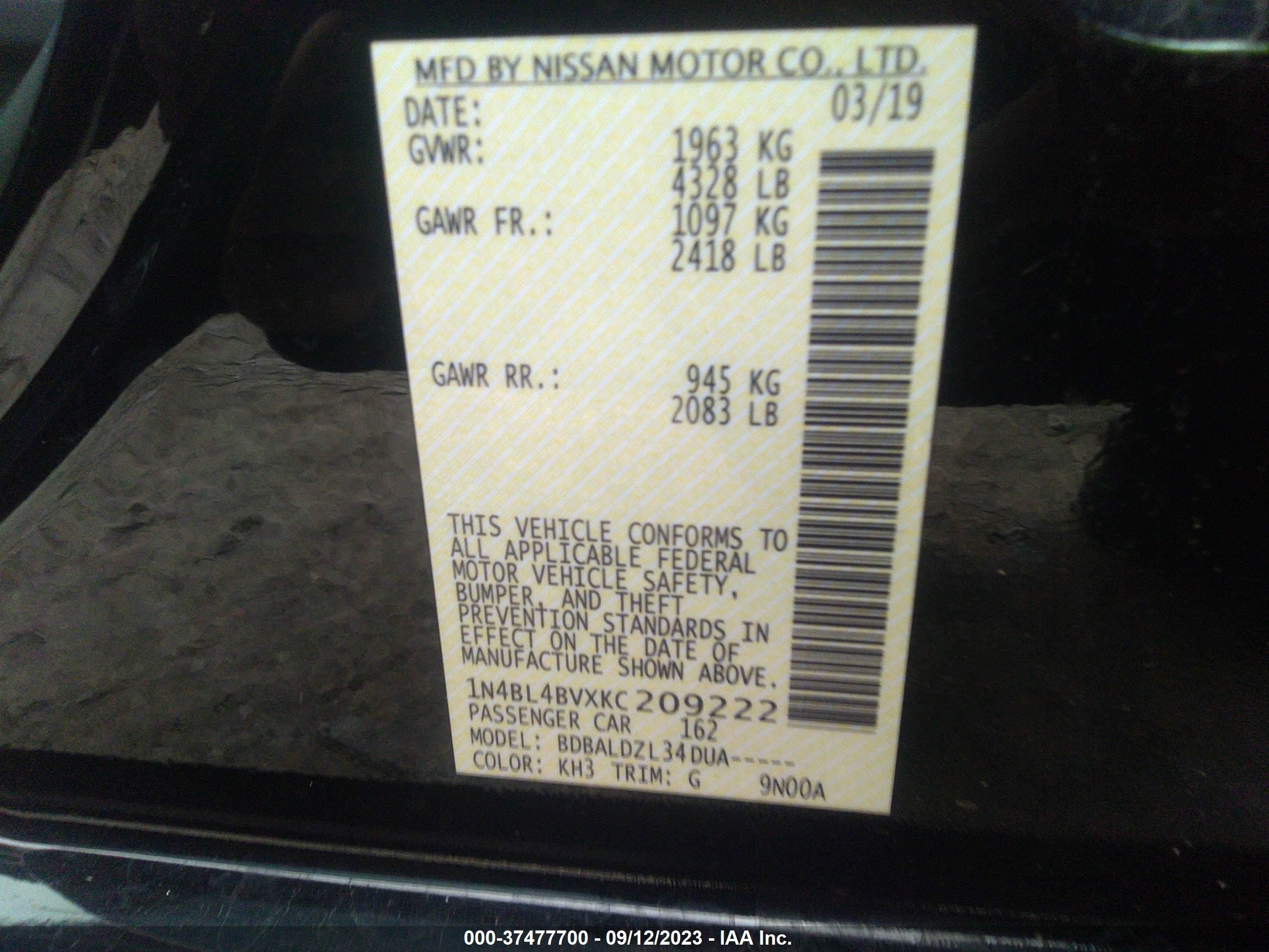 Photo 8 VIN: 1N4BL4BVXKC209222 - NISSAN ALTIMA 