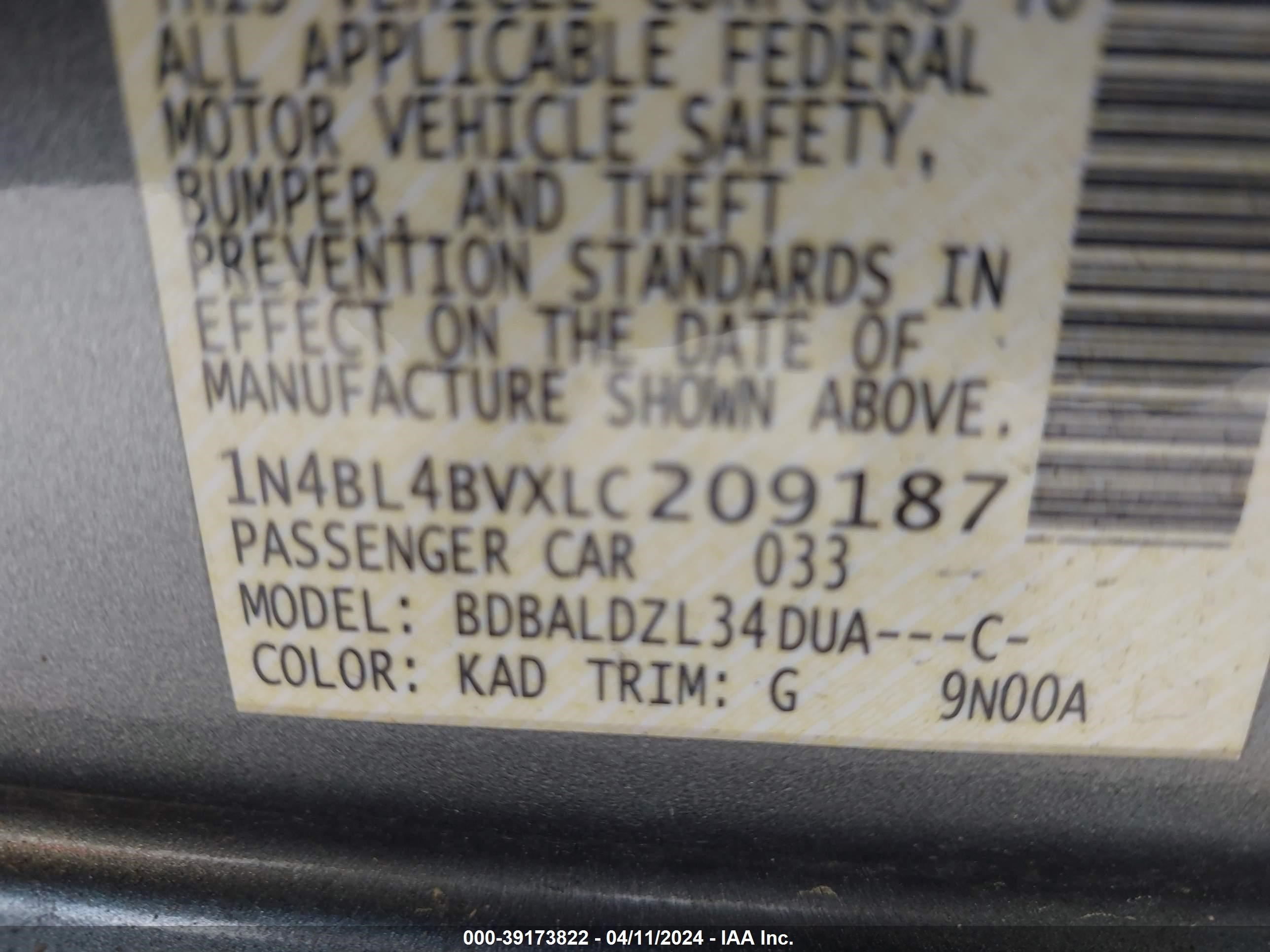 Photo 8 VIN: 1N4BL4BVXLC209187 - NISSAN ALTIMA 