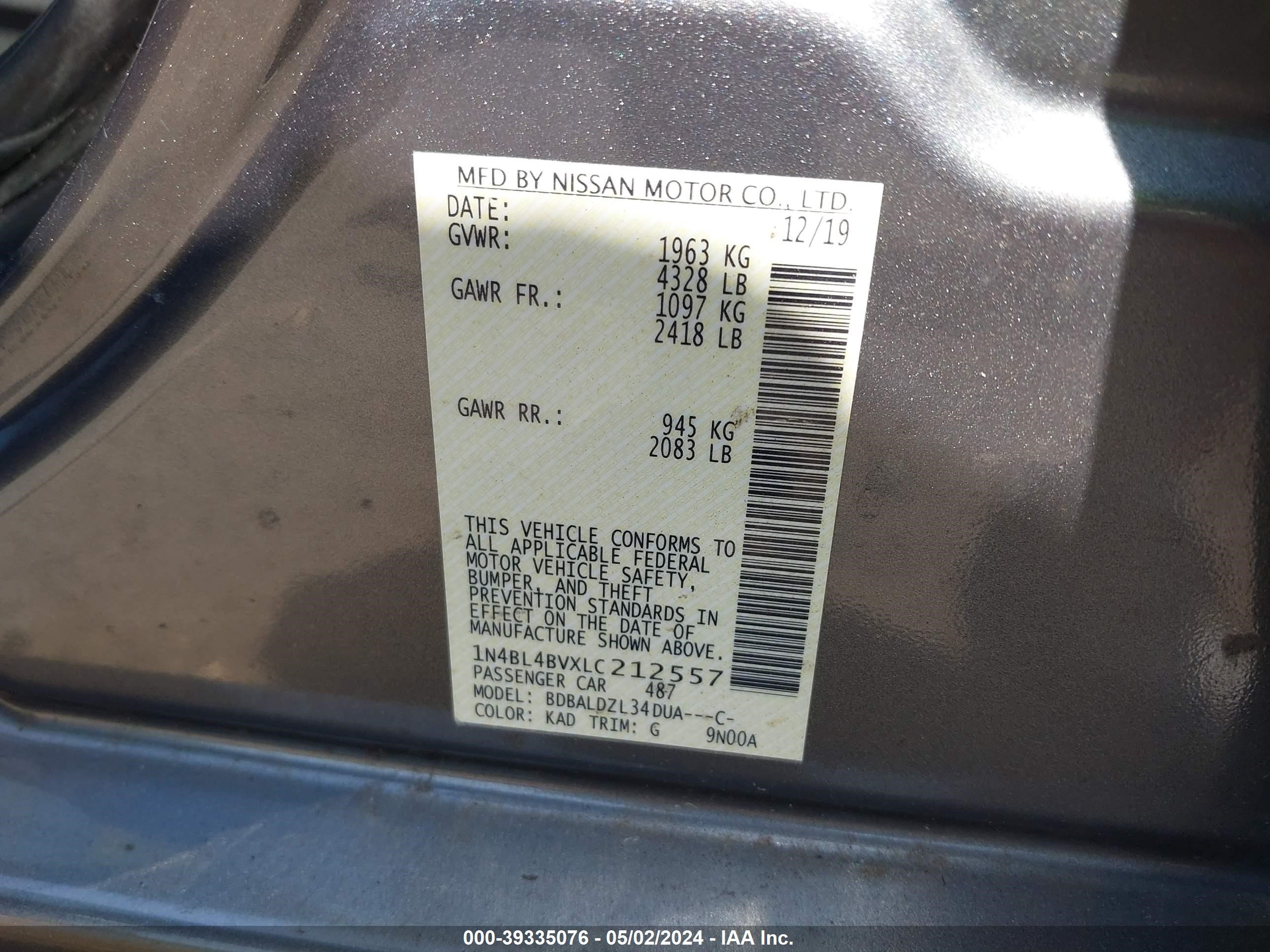 Photo 8 VIN: 1N4BL4BVXLC212557 - NISSAN ALTIMA 