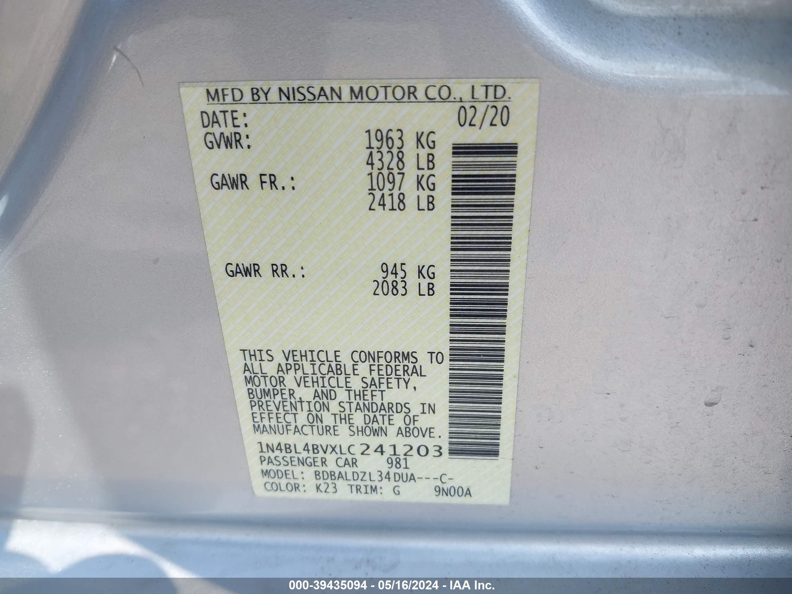 Photo 8 VIN: 1N4BL4BVXLC241203 - NISSAN ALTIMA 