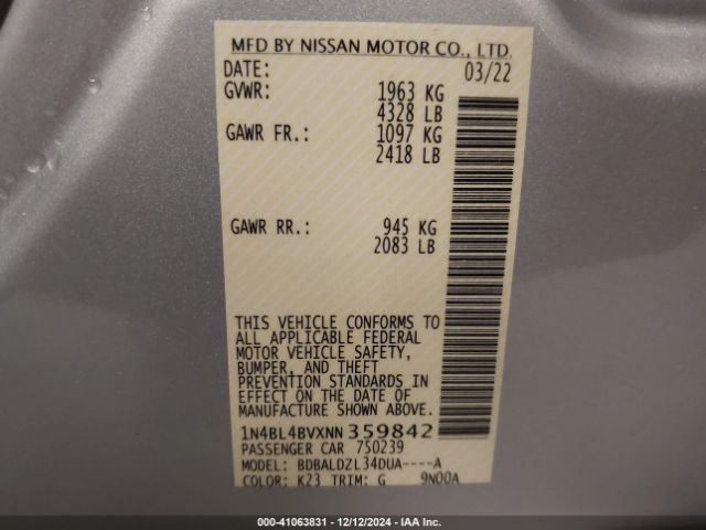 Photo 8 VIN: 1N4BL4BVXNN359842 - NISSAN ALTIMA 